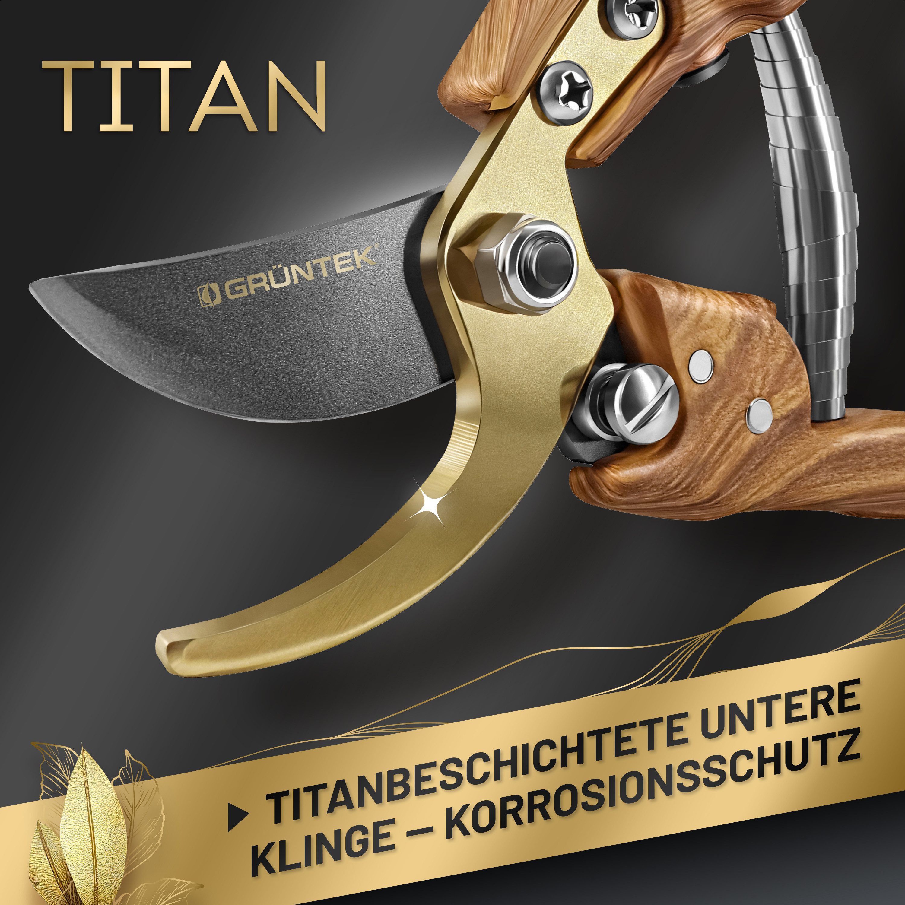 GRÜNTEK Gartenschere Premium Gartenscheren Set Bypass 210 mm mit Echtleder-Holster, (Gartenschere + Holster), Die 210 mm lange Pflanzenschere ist ideal für Hecken, Äste usw.