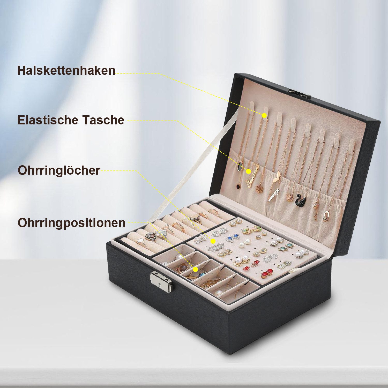 Clanmacy Schmuckkasten Schmuckkasten 2-schichtiger Schmuckschatulle, Damen Schmuckbox schwarz – Bild 5 von 5