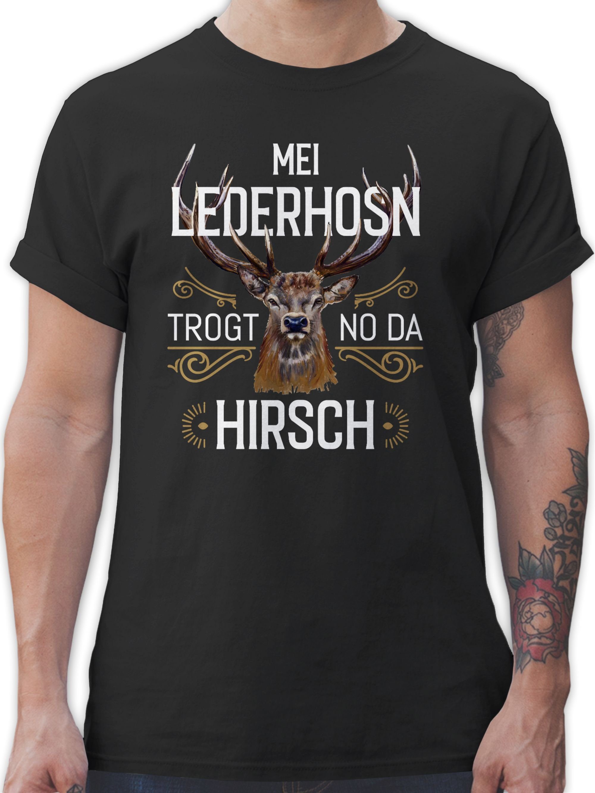 Shirtracer T-Shirt Mei Lederhosn trogt no da Hirsch - weiß braun Mode für Oktoberfest Herren 01 Schwarz