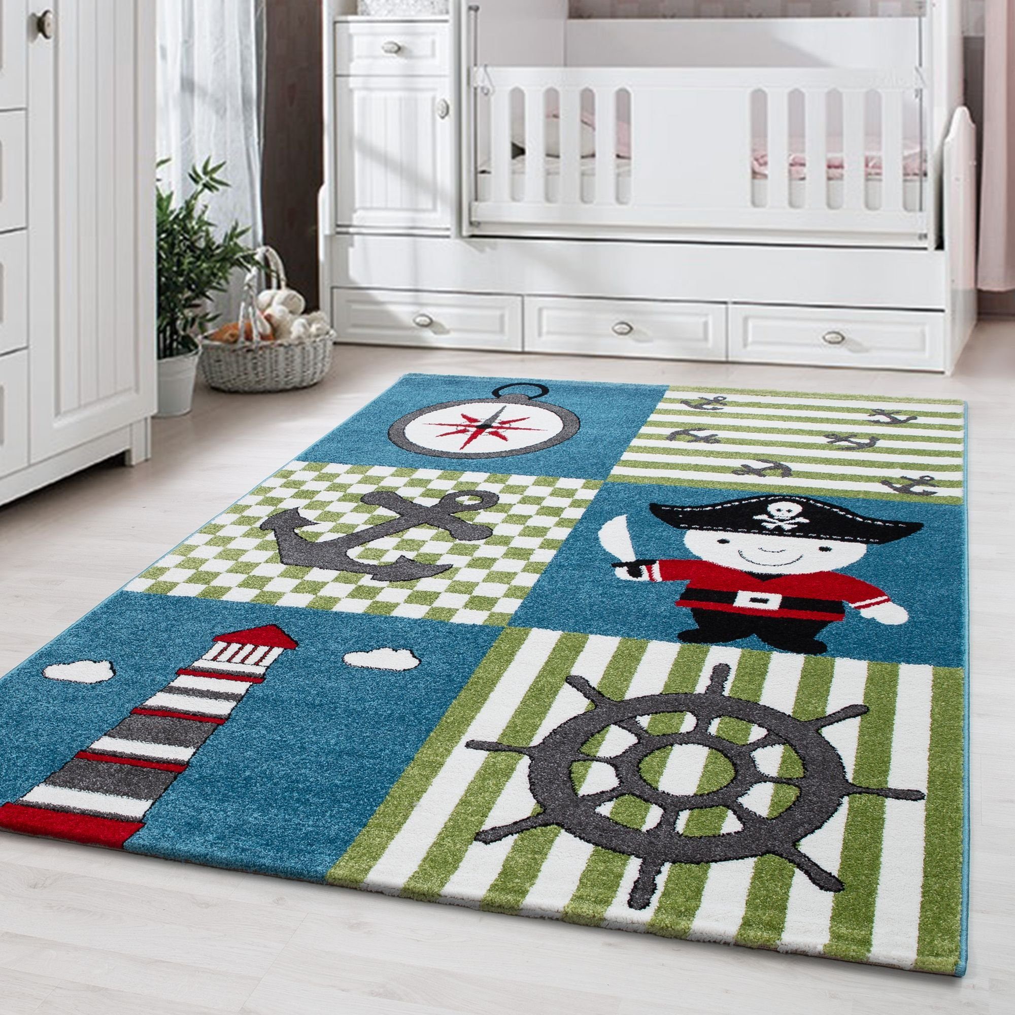 Kinderteppich Piraten-Design, Carpetsale24, Rund, Höhe: 11 mm, Kinderteppich Pirat-Design Bunt Baby Teppich Kinderzimmer Pflegeleicht