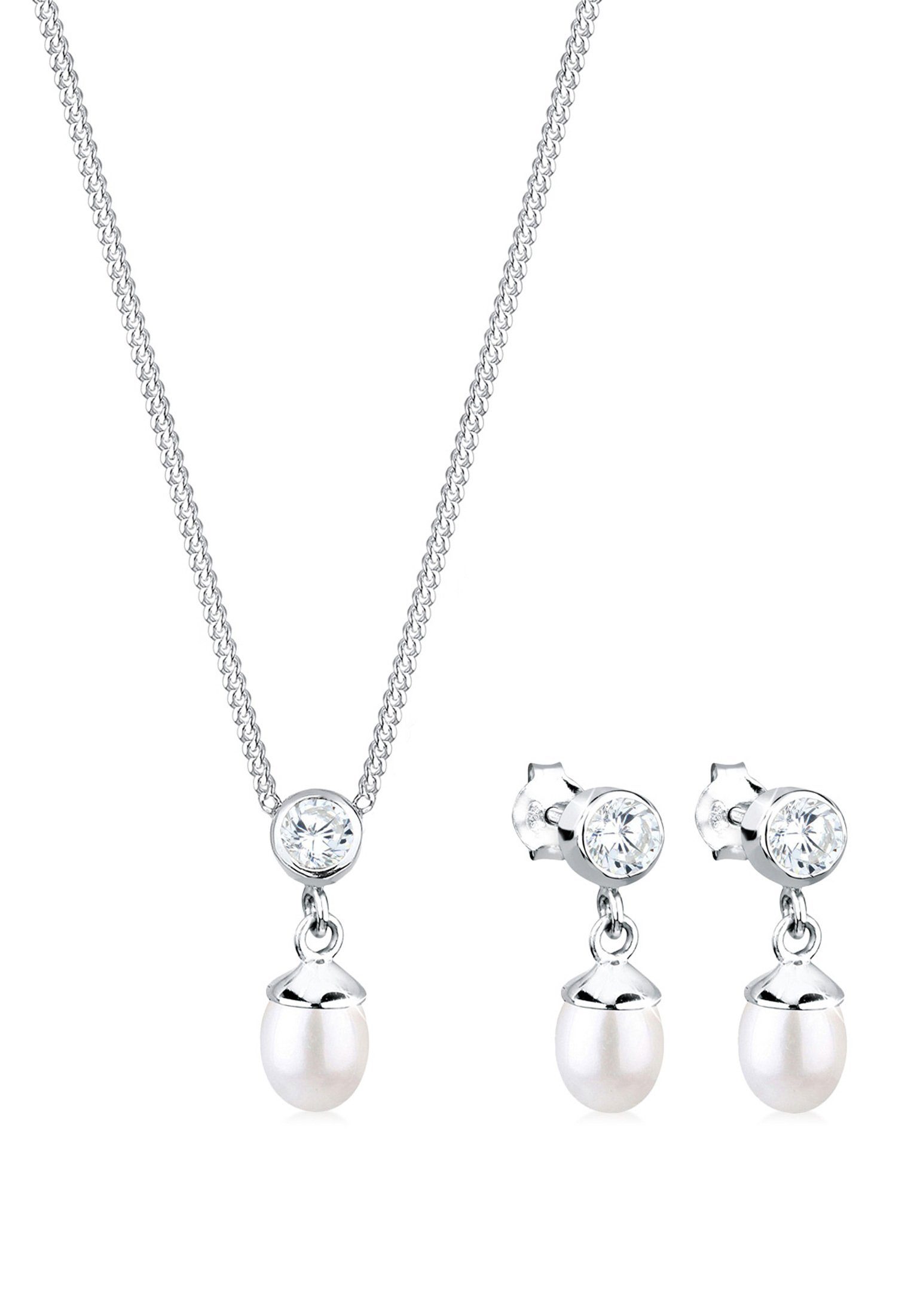 Elli Schmuckset Zirkonia Süßwasserzuchtperlen Weiß 925 Sterling Silber