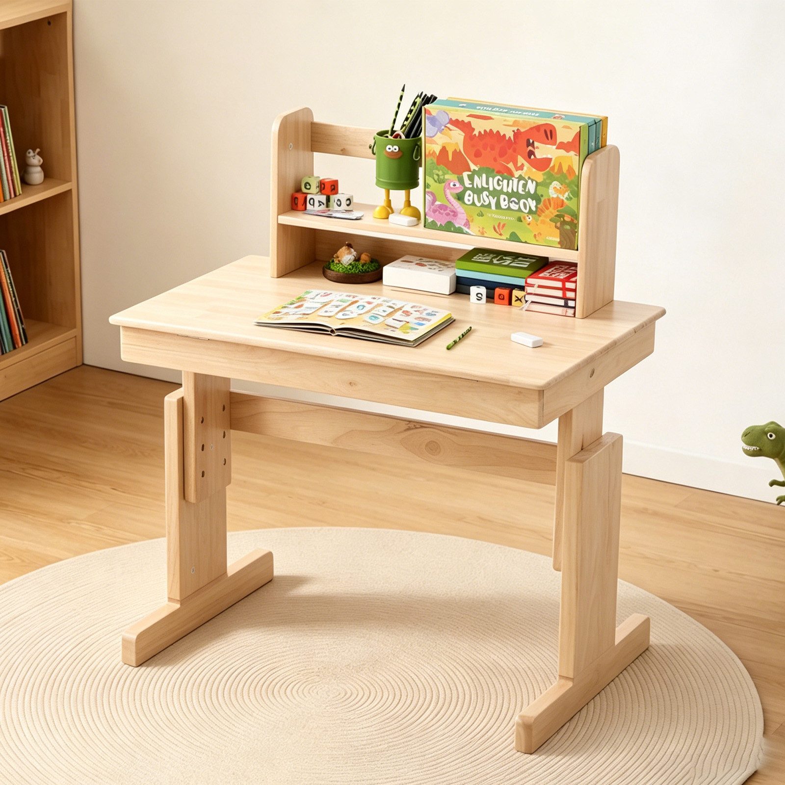Odikalo Kindertisch Schreibtisch Massivholztisch mit Höhenverstellfunktion (Massivholz-Multifunktionsschreibtisch für Kinder klappbare Tischplatte Buchstütze für Kinder ab 6 Jahren)