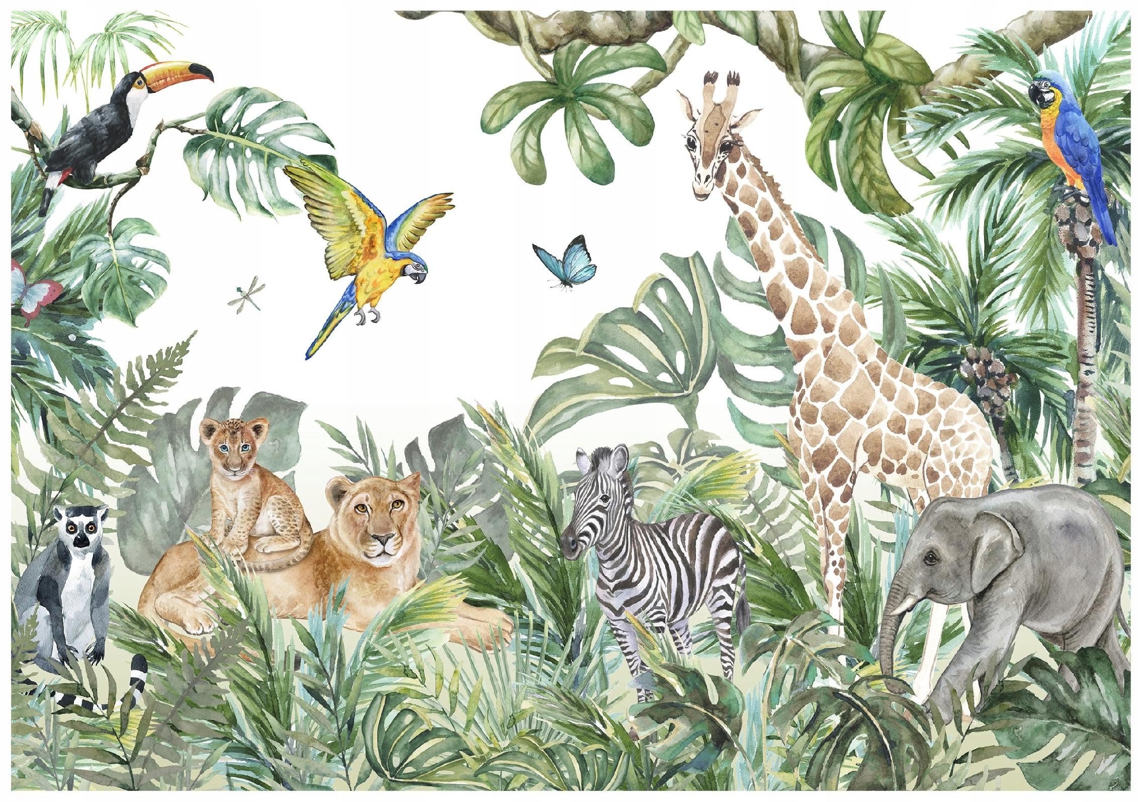 Wallarena Fototapete Kinder Vlies Tiere Dschungel Blätter Grün Kinderzimmer 300x210 cm, glatt, 300 x 210 cm