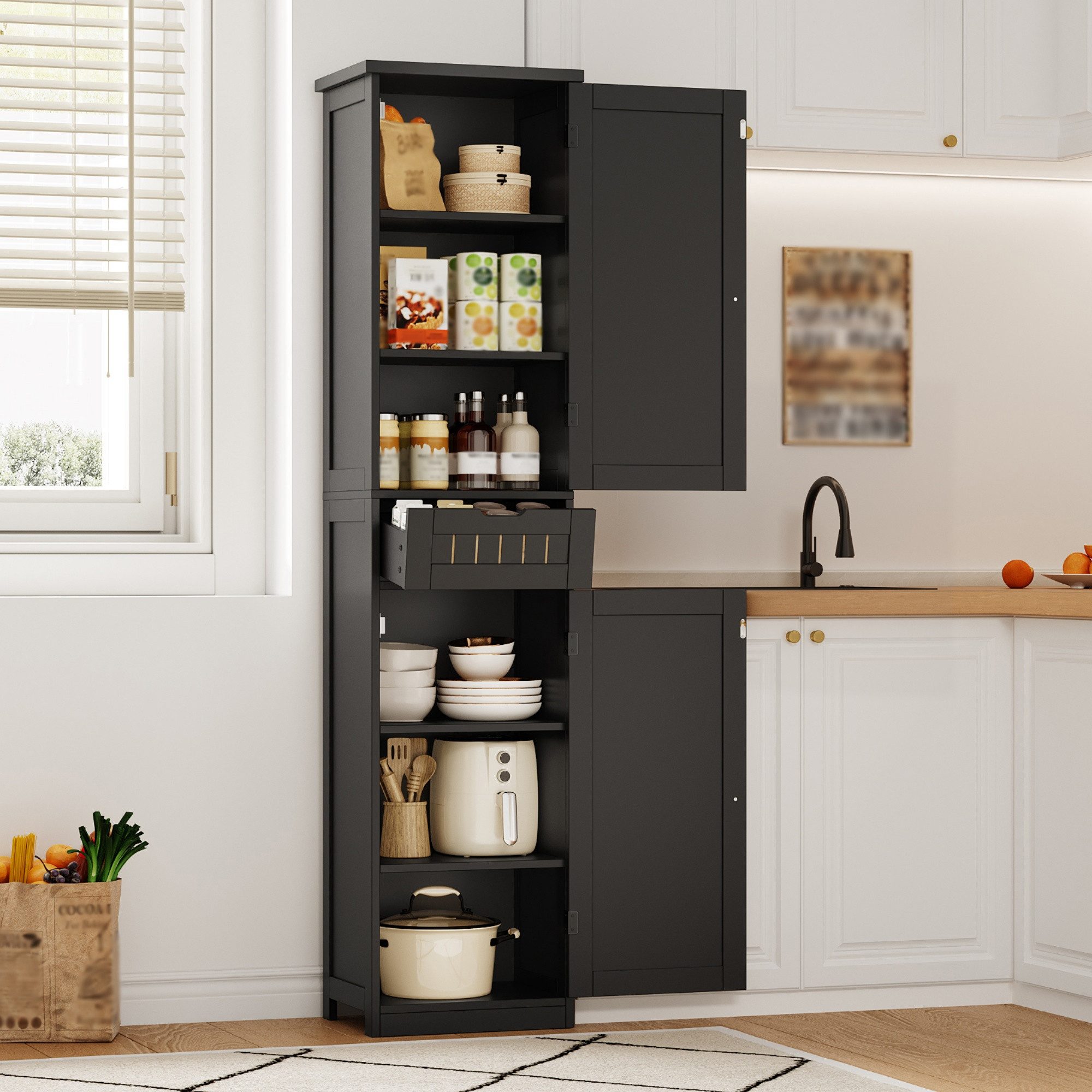 Flieks Hochschrank Mehrzweckschrank mit Schublade und verstellbaren Einlegeböden (170×40×30 cm, 1-St) Multifunktional Küchenschrank Eckschrank Highboard Schwarz