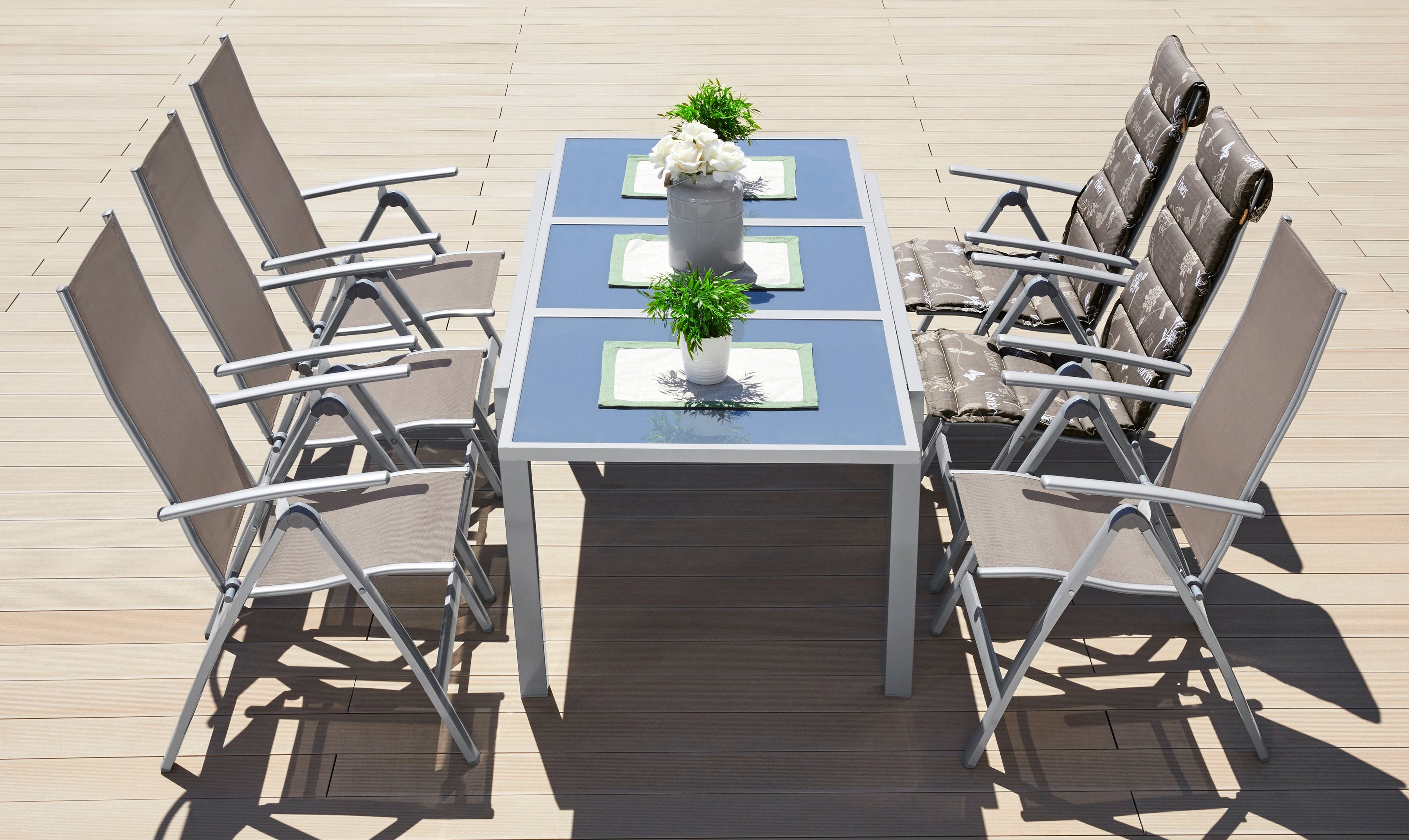 Hochlehner, cm, 6 Tisch (7-tlg), Garten-Essgruppe MERXX Amalfi, ausziehbarer 90x140-200 Alu/Textil