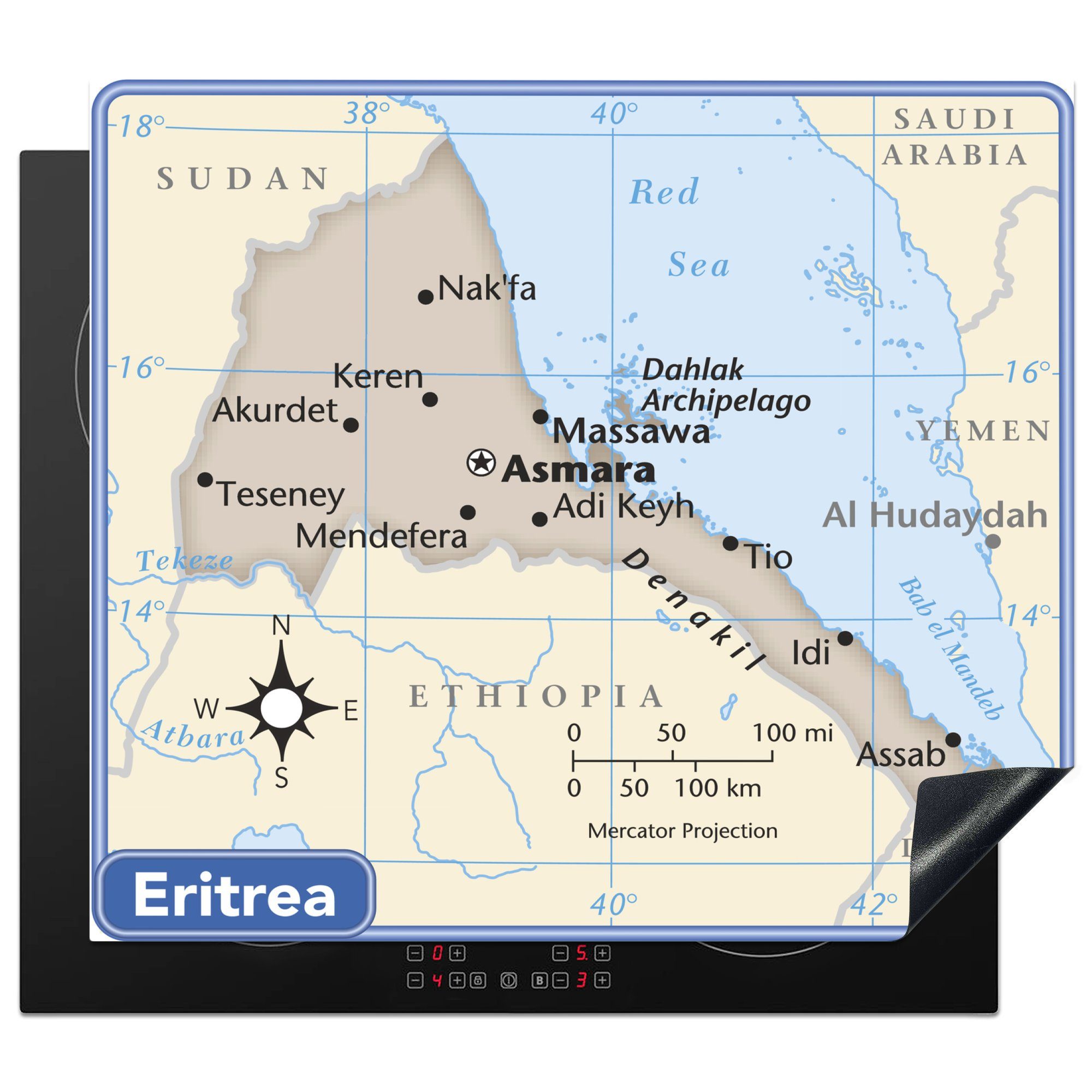 MuchoWow Herdblende-/Abdeckplatte Eritrea Illustration mit einem Kompass, Vinyl, (1 tlg), 57x51 cm, Induktionsschutz, Induktionskochfeld, Ceranfeldabdeckung