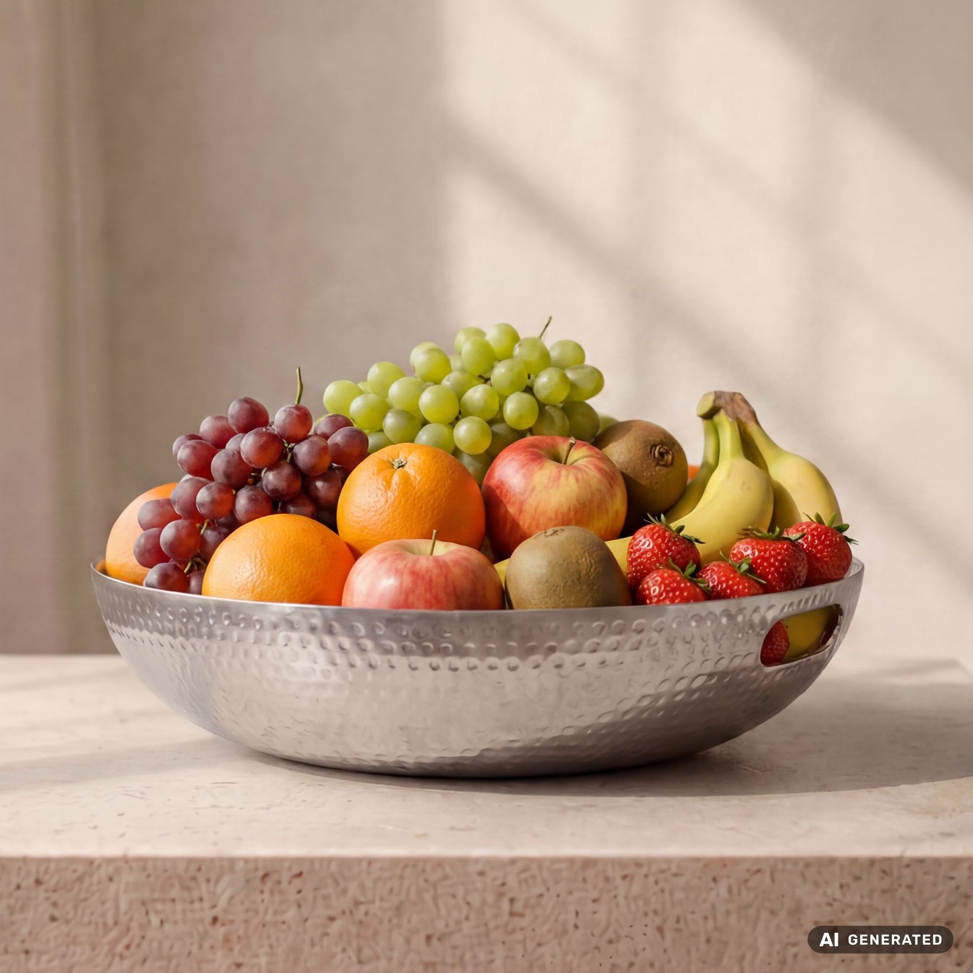 FINEBUY Obstschale FB77787 Früchteschale Aluminium Silber 38cm Dekoschale Obstkorb Metall, Aluminium, (Stabiler Servierteller mit Hammerschlag Struktur), Schale mit Griffen für deine frischen Früchte