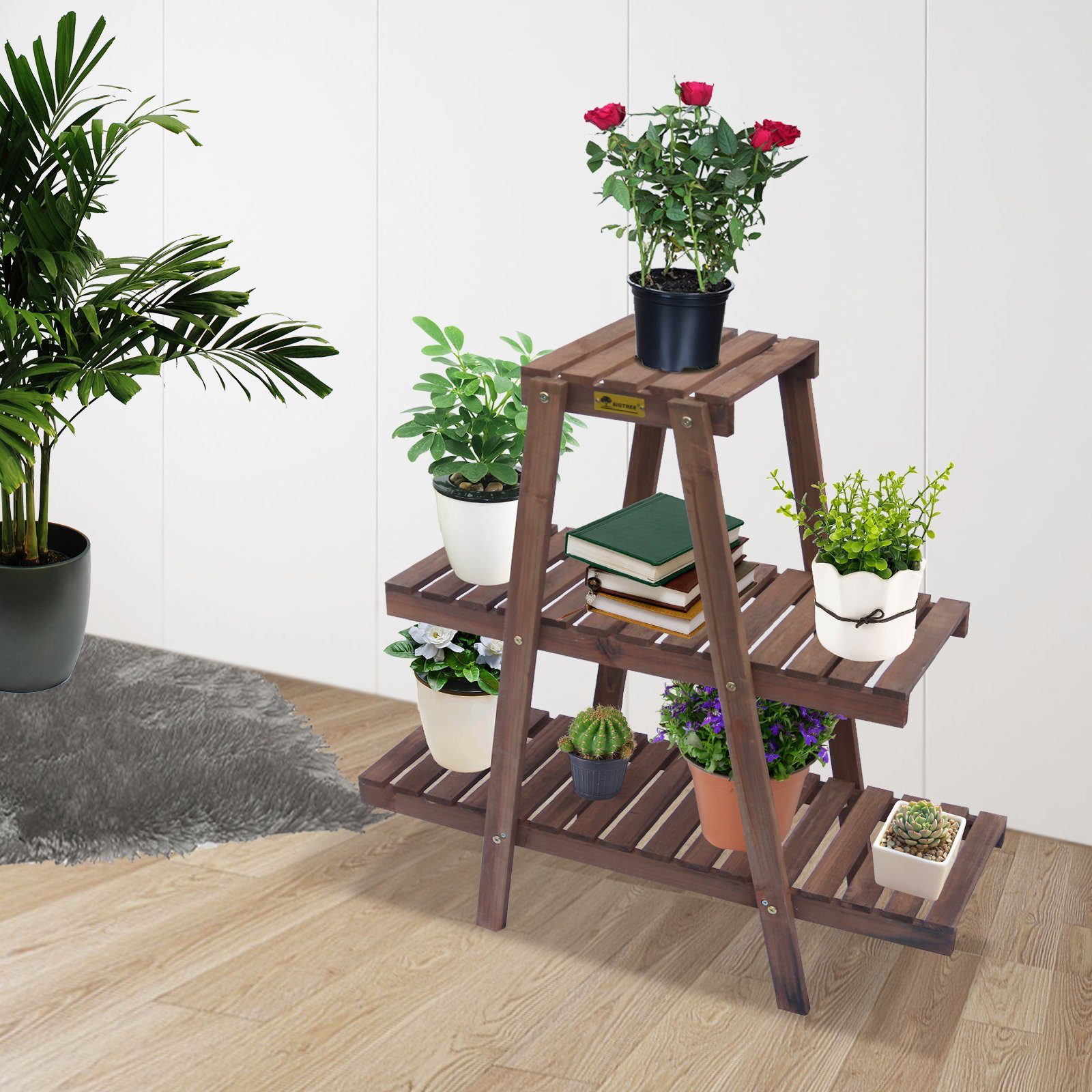 Pflanzenregal mit 3 Etagen Blumentopfhalte Mehrschichtiger Blumenständer Holzfarbe für Innenwohnzimmerbalkon dekorative Blumentreppe 
