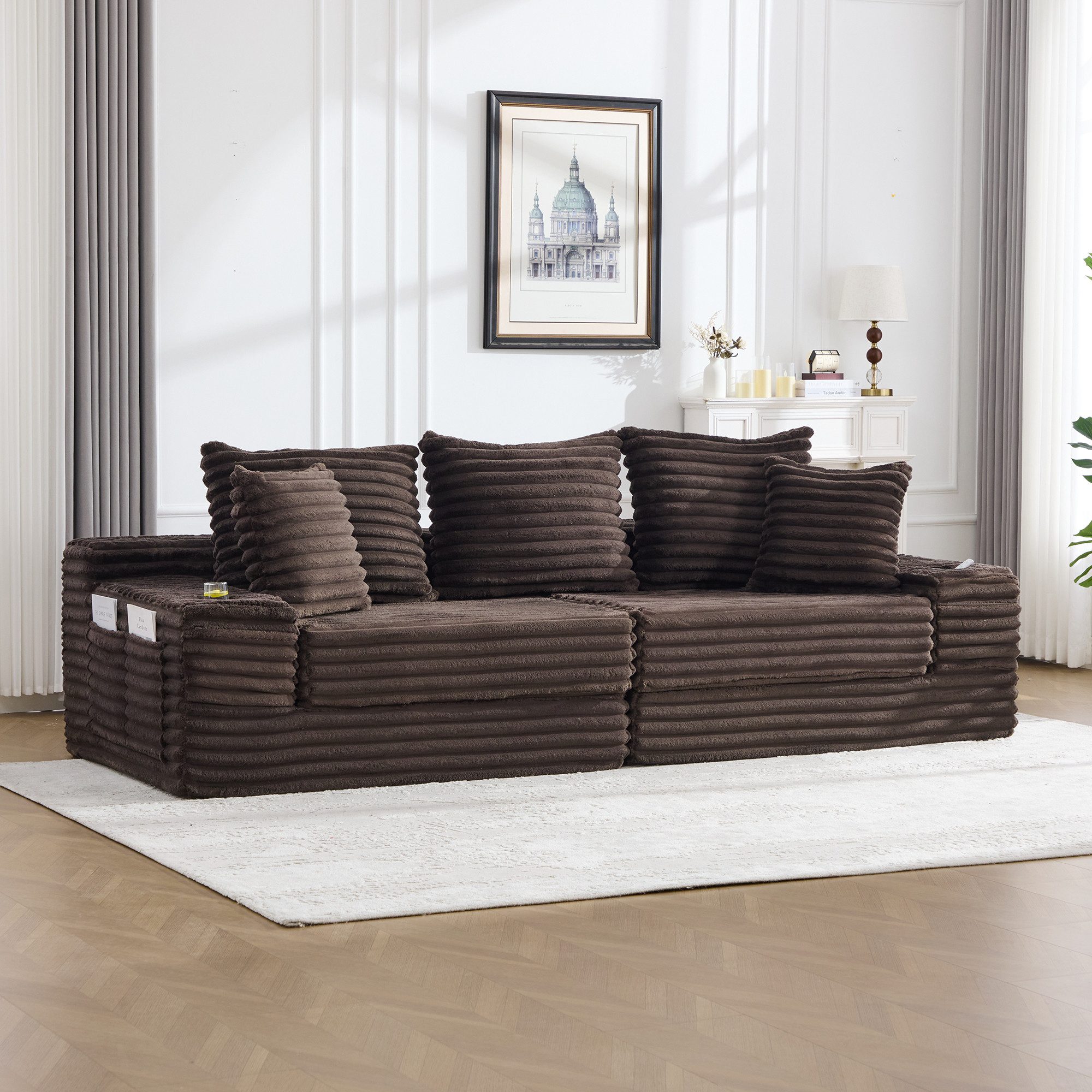 OKWISH Sofa Loungesofa, mit Sitzkompressions-Funktion, hoher Rückenlehne, Zusatzkissen, beidseitigen Taschen und Getränkehaltern – Frei als Schlafsofa kombinierbar