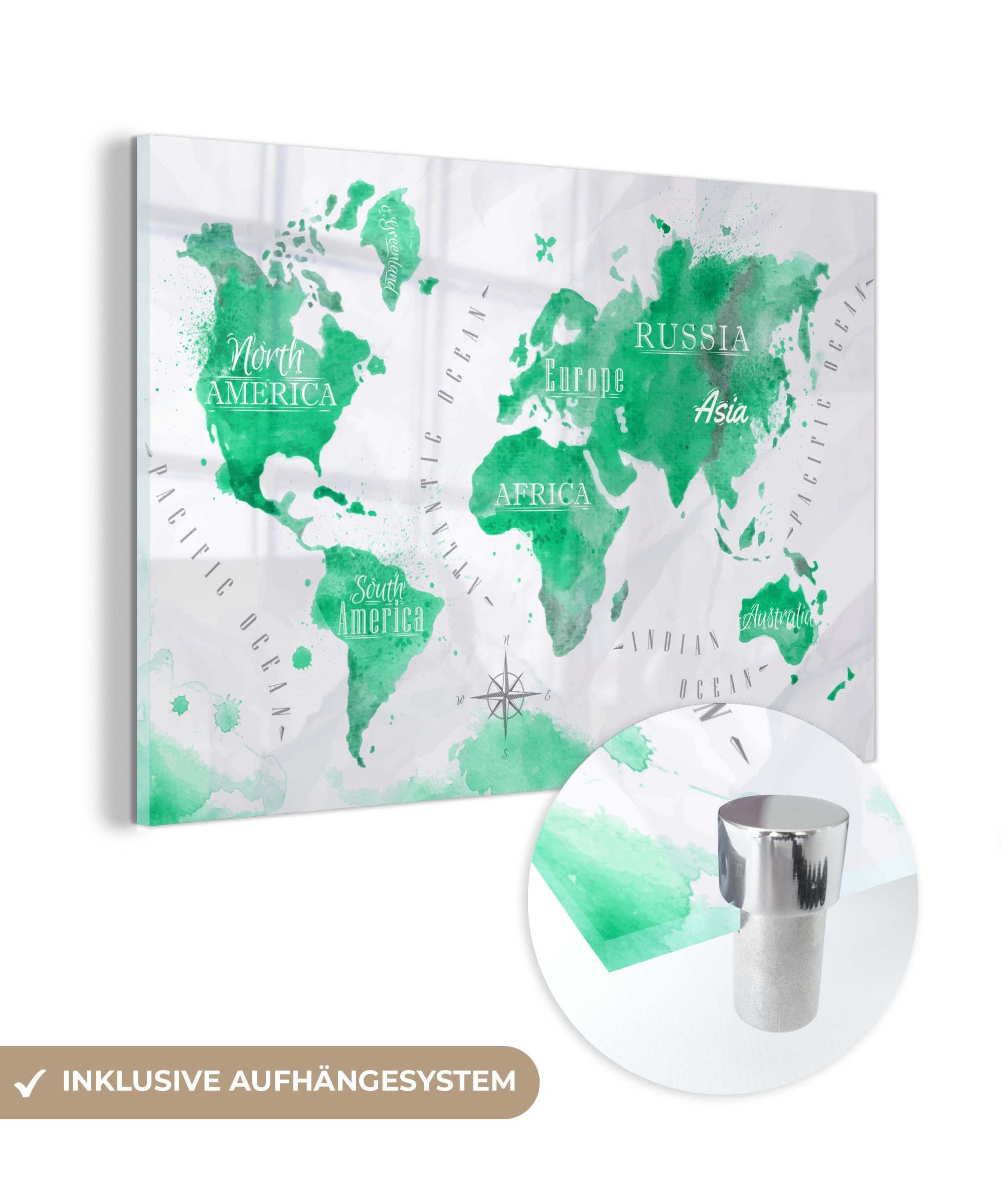 Foto Glas Weltkarte MuchoWow - Bilder - Acrylglasbild - Glasbilder Grün, Glas (1 Wandbild - - St), Wanddekoration auf Ölfarbe auf