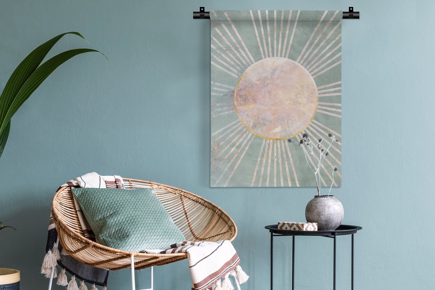 Deko Design Luxus, - - Wand, an Grün Gold Wohnzimmer, Wanddekoobjekt Tapisserie, MuchoWow der Schlafzimmer - Sonne für -