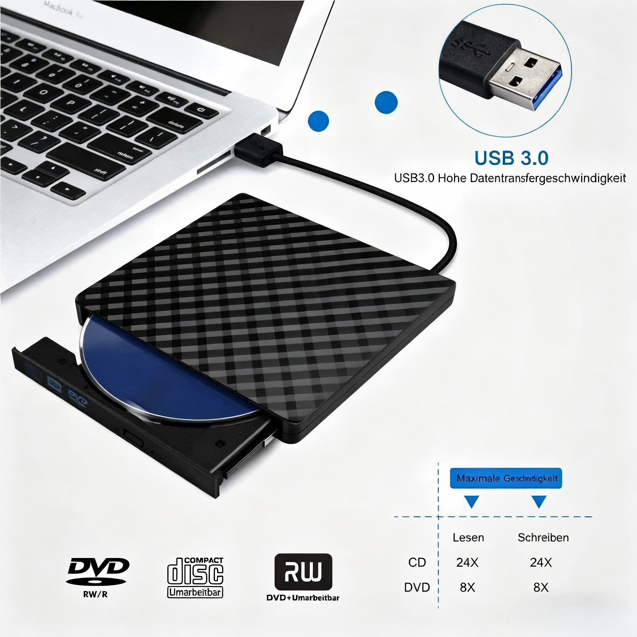Toomoke Externes DVD-Laufwerk USB 3.0, IVSO CD/DVD-Player für Laptop/PC DVD-Brenner (externes CD-Laufwerk mit Brenner und Plug & Play, kompatibel mit Windows/Mac OS/Linux – tragbar & schlank)