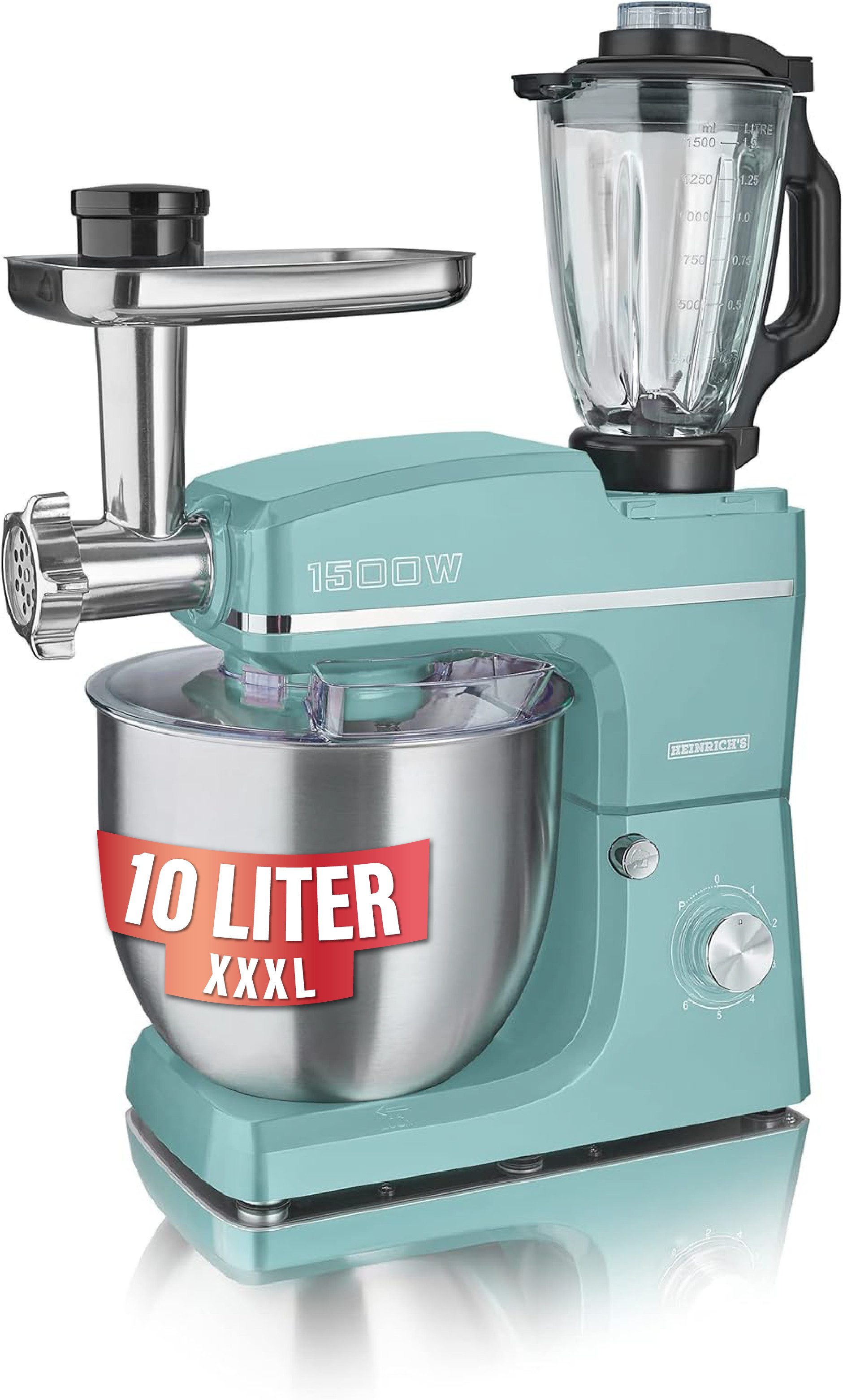 Heinrich´s Küchenmaschine, 1500 W, 10,00 l Schüssel, 6 Geschwindigkeiten, Multifunktional, XXXL
