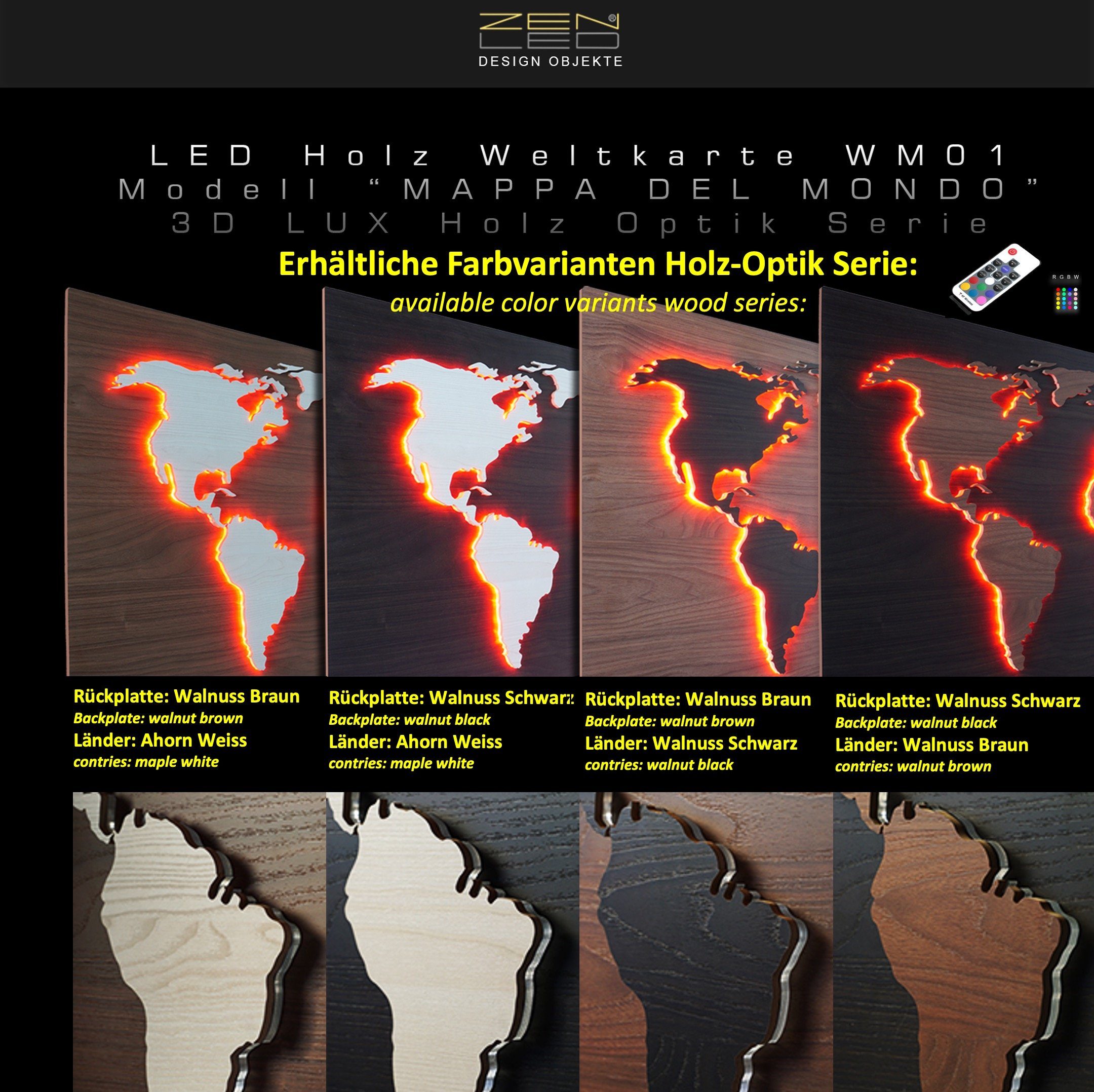ZENLED Wanddekoobjekt Weltkarte MAPPA Schwarz 3D-Lichtbild, LEDs Walnuss LUX umleuchtet bunt 110x57cm Walnuss über RGB Braun, Deko HOLZ-Optik mit Rückplatte Länder - Rustikale steuerbaren Fernbedienung Kontinente
