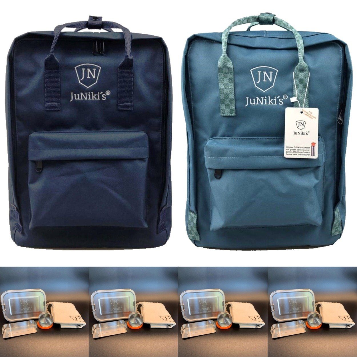 JuNiki´s® ein inkl. Perfekt JN Rucksack), 18/8 JuNiki´s® und (4er die Stoffbeutel Lunchbox Geschirrspüler-geeignet, Auslaufsicher & mit JuNiki´s Abtrennung, Premium-Set Dunkeltürkis flexibler Schule: für separater »Retro Dose Innovation« Dipper Edelstahl aus Familien-Set