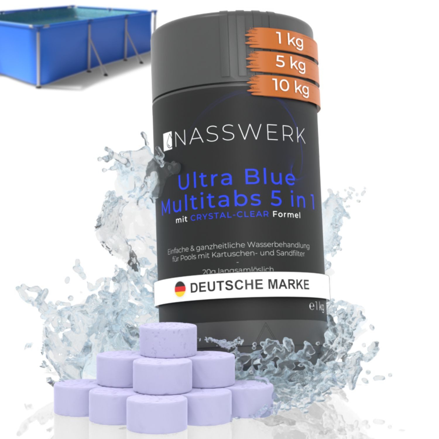 Nasswerk® Chlortabletten Multitabs 5-in-1 für Pool & Whirlpool – Chlorpflege komplett, Ultra Blue Multitabs 20g 1kg – Whirlpool & Pool Hygiene pur