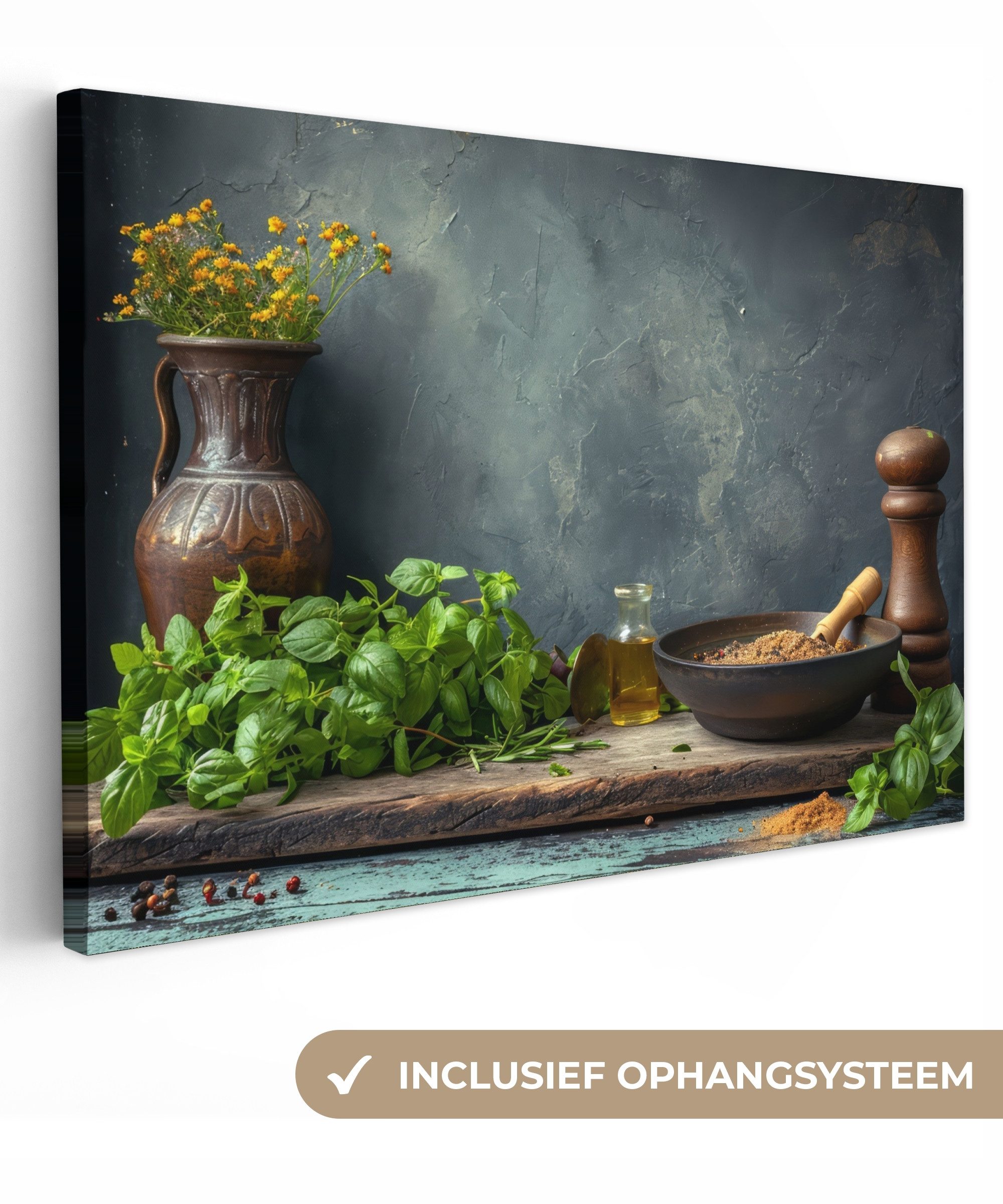 OneMillionCanvasses® Leinwandbild Stilleben - Kräuter - Gewürze - Industriell - Rustikal, Fotodruck (1 St), Wandbilder für Esszimmer, Wanddeko Bilder Küche, 30x20 cm