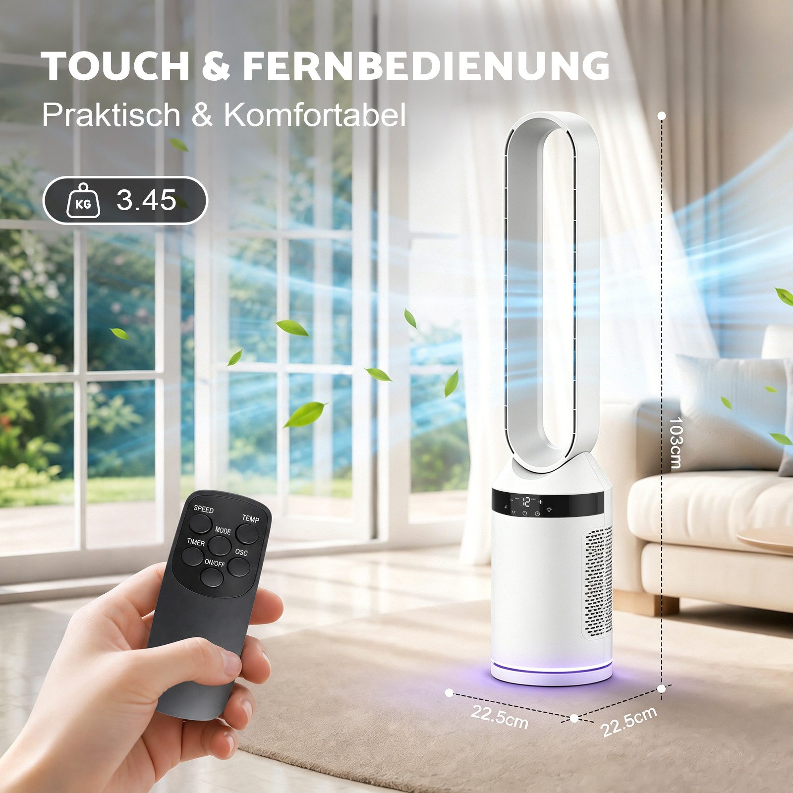 Rebonique Turmventilator Blattloser Ventilator mit Fernbedienung Standventilator sehr Leise, Tower-Ventilator 2 Modi, 70° Oszillation, 12H Timer, Nachtlicht