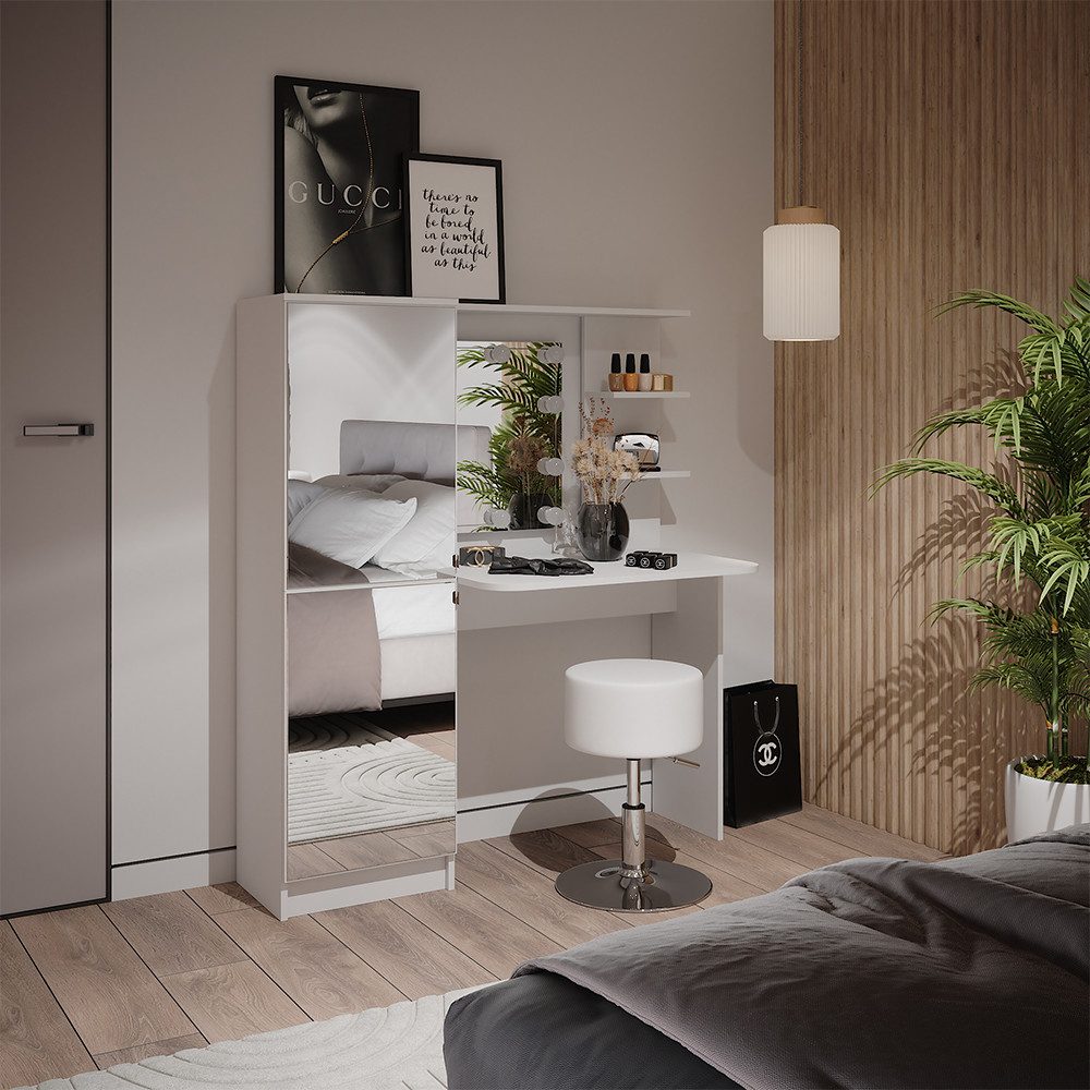 Schminktisch, Weiß, 123 cm mit LED-Beleuchtung und Hocker