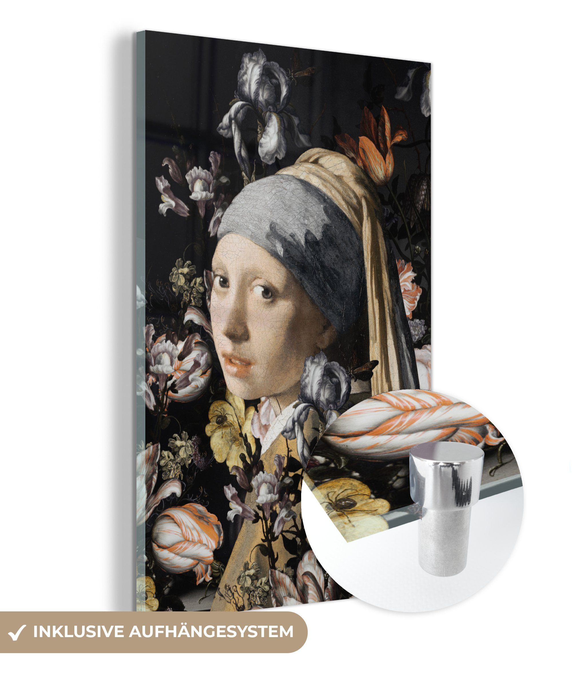 bunt Glas Mädchen Glasbilder - Wandbild Johannes Perlenohrring - - Wanddekoration auf Blumen, (1 Vermeer - - dem Foto Das Glas auf St), Bilder MuchoWow mit Acrylglasbild