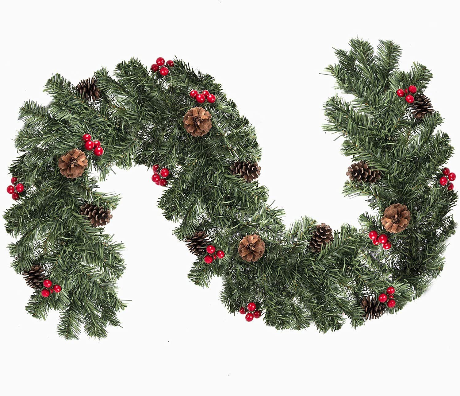 ElitVita Adventskranz Künstlicher Weihnachtskranz Tannengirlande Türkranz Wandkranz, 1,8m Weihnachtsgirlande mit 12 Kiefernzapfen und 12 Rote Beerenfrucht