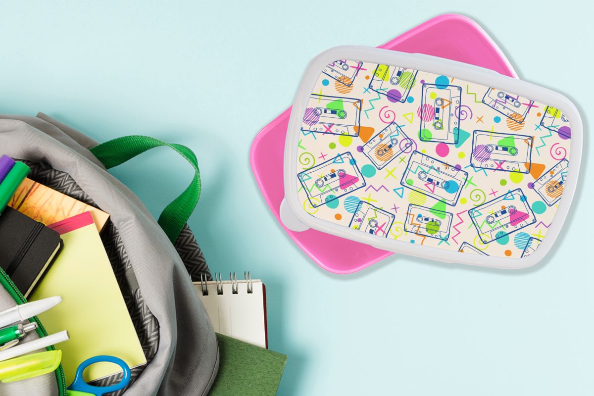 MuchoWow Lunchbox Muster Brotdose (2-tlg), Mädchen, Kunststoff 1980er rosa - Brotbox Snackbox, Kassette für Kinder, Kunststoff, Retro - Erwachsene, - Jahre
