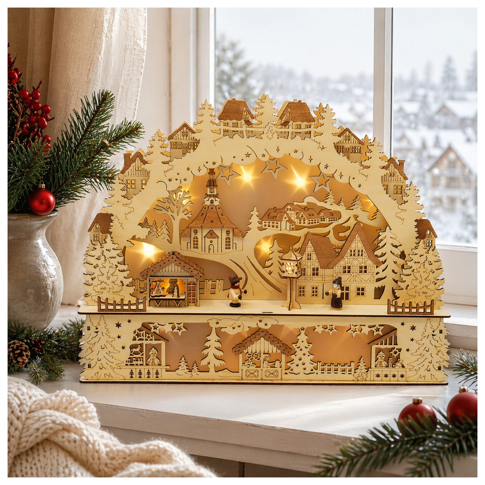HTI-Living Schwibbogen LED Lichterbogen Weihnachtsdorf (1-tlg), Schwibbogen aus Holz, batteriebetrieben