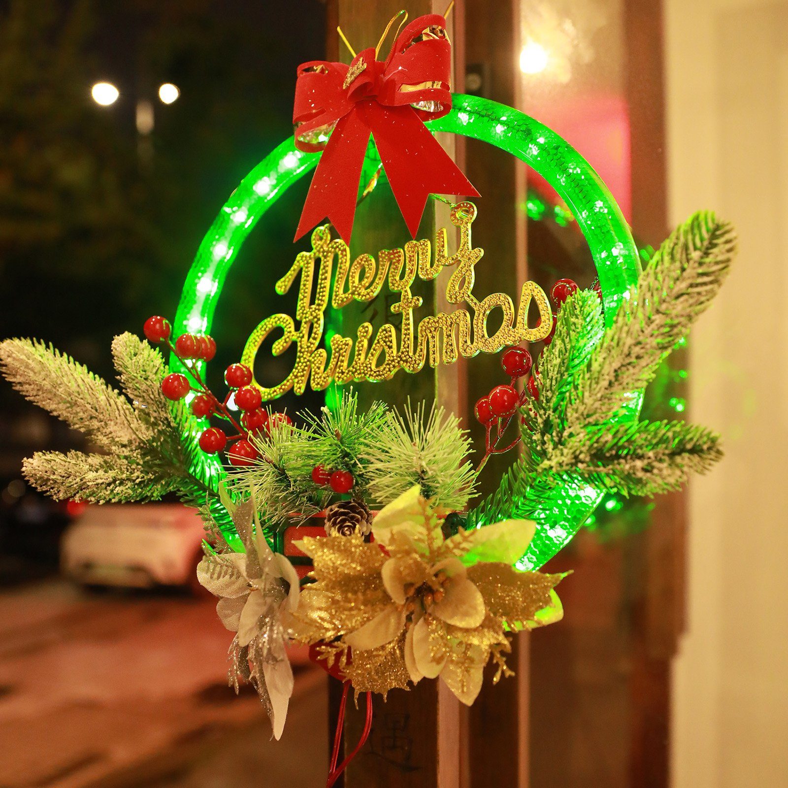 Kunstkranz Weihnachtskranz, 28cm, grüne LED-Lichter, für Haustür Kamin, Rosnek, Urlaub Deko