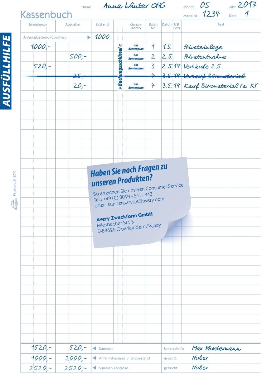 Avery Zweckform Formularblock Formularbuch Kassenbuch EDV A4 VE=100 Blatt mit Ausfüllhilfe