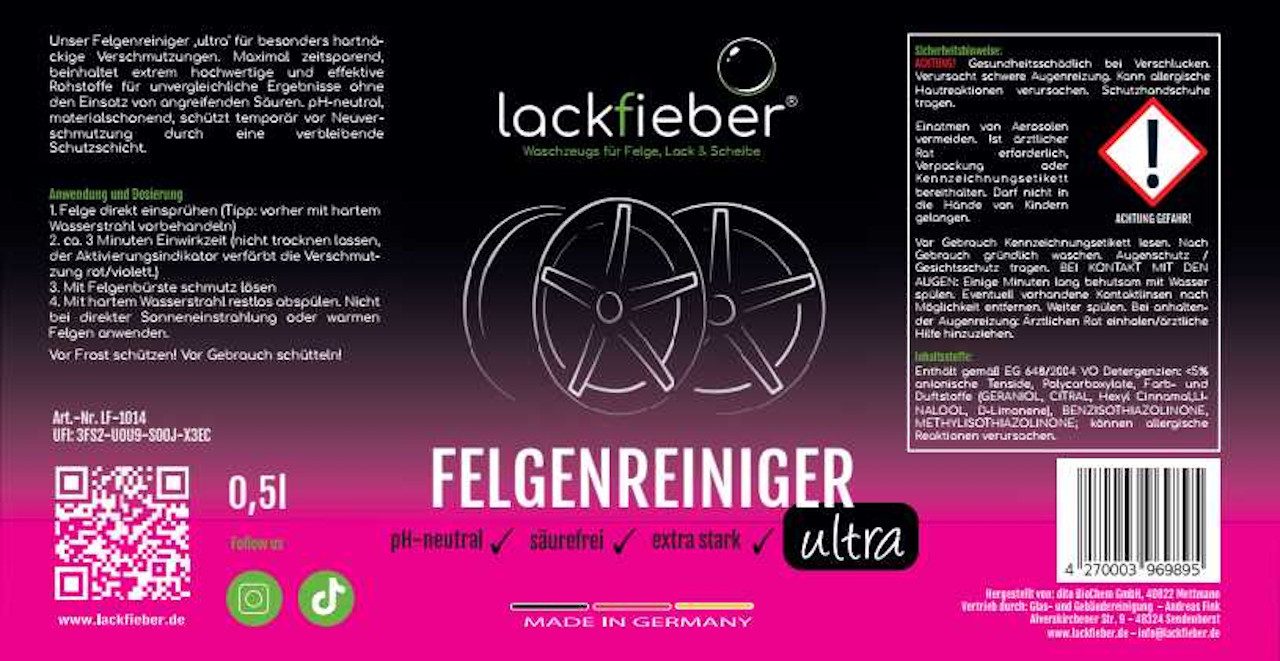 lackfieber Felgenreiniger ULTRA für Auto, Motorrad & Wohnmobil Felgenreiniger Felgenreiniger (1x 500 ml Sprühflasche für die effiziente Reinigung, glänzende Felgen, ohne Schrubben)