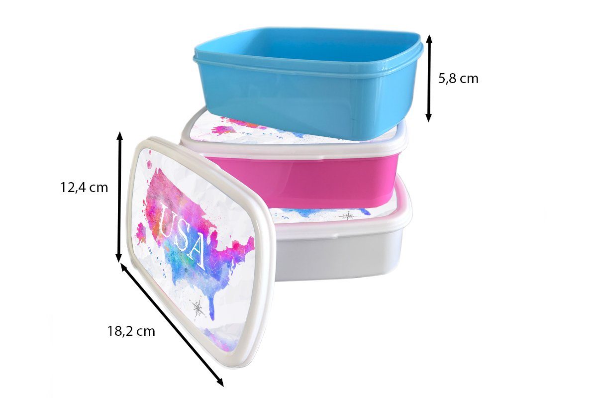 rosa Brotbox Erwachsene, Mädchen, Snackbox, Lunchbox Kinder, - für Vereinigte Staaten, Aquarell Brotdose Kunststoff (2-tlg), Kunststoff, Weltkarte - MuchoWow
