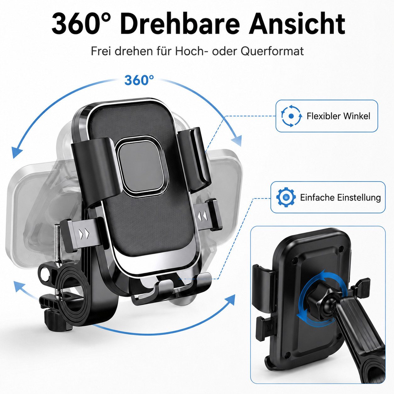 XEOOCE Fahrradhalter Fahrrad Handyhalterung, 6 Arm, Automatische Verriegelung, 360° (Packung, Einzelstück), 360° drehbar, Tasten bleiben zugänglich, Ladeanschluss freigehalten