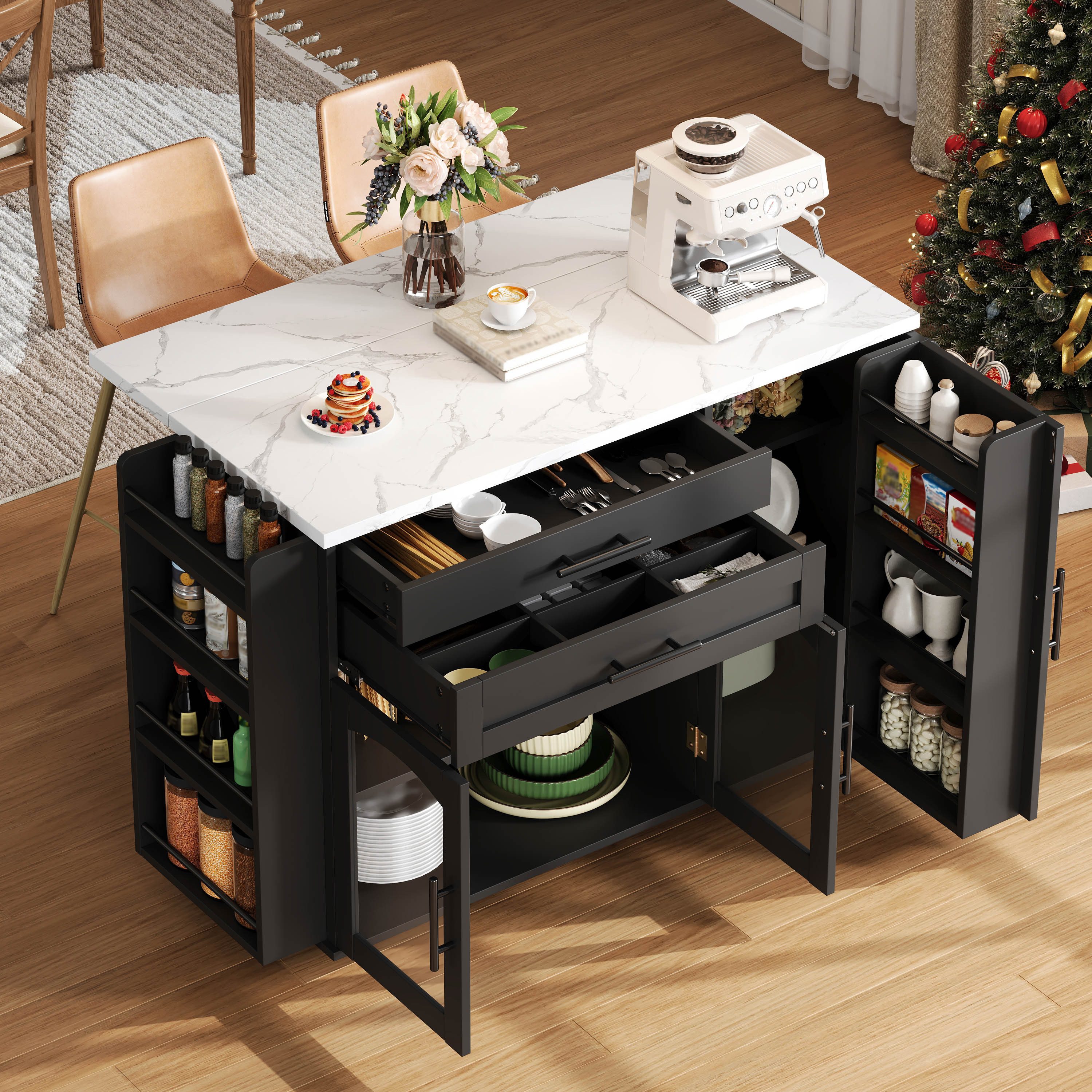 Yorbay Kücheninsel mit klappbarer Arbeitsplatte, Küchenwagen auf 5 Rollen, vielseitige Aufbewahrung, 120x45(70)x90 cm