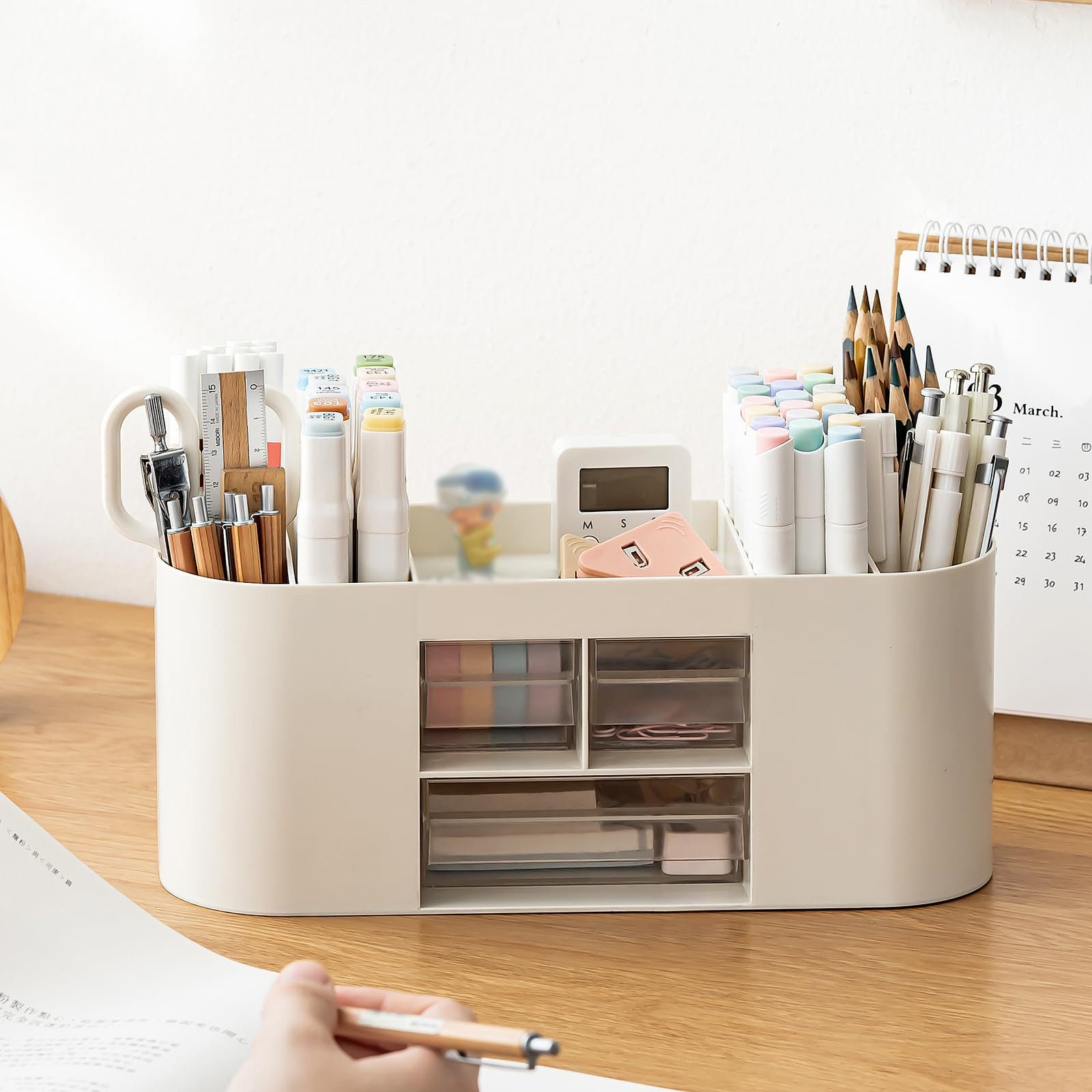 FOUORTUNATE-BEE Organizer Stifteköcher Aufbewahrungsbox Schreibtisch Aufbewahrungsbox (doppelte durchsichtige Schublade)