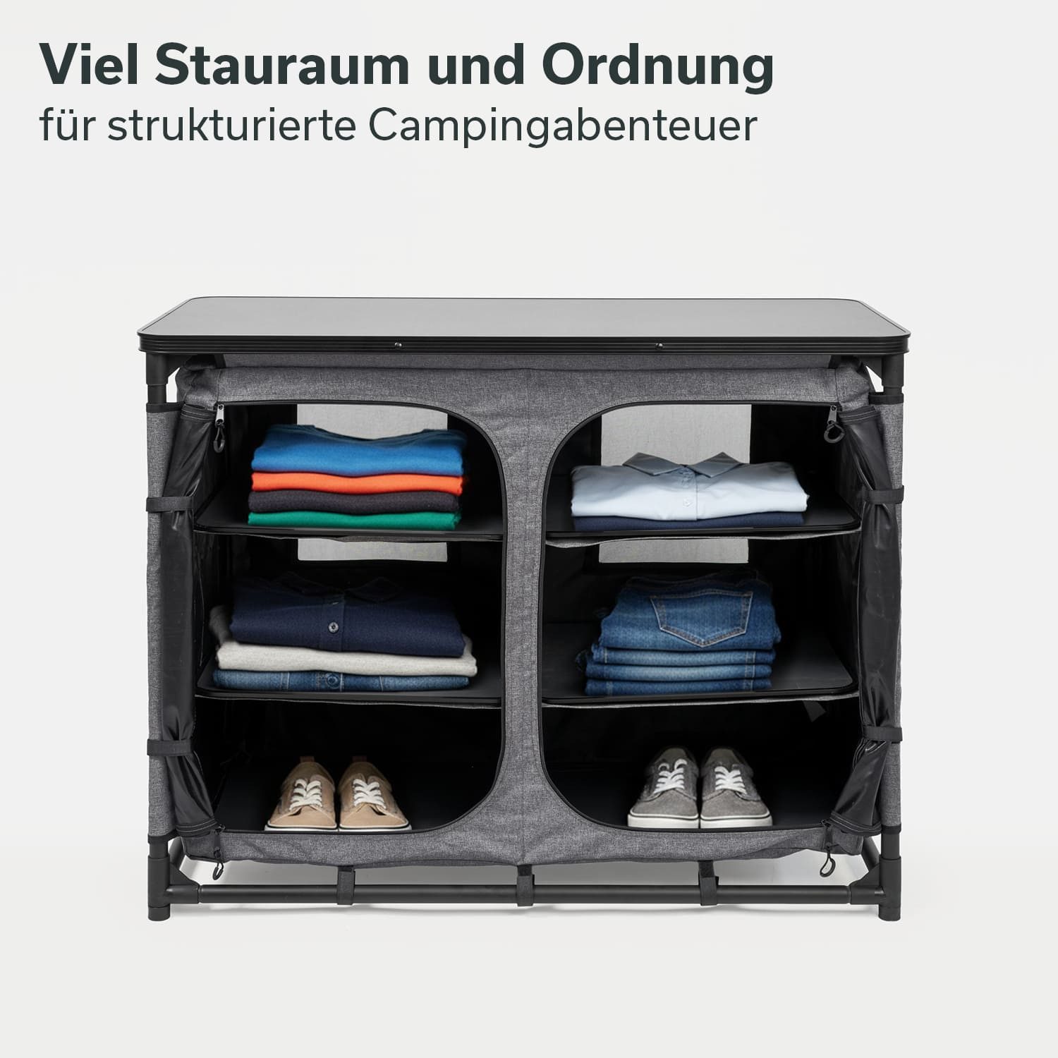 Skandika Campingschrank Ruoka, Hochschrank, Campingküche, Stecksystem ohne Werkzeug (Organizer-Taschen, Reißverschluss-Zughilfen, belastbar bis 50 kg) 6 Fächer mit Einlegeböden, Kleiderstange, Tragetasche, Kleiderstange
