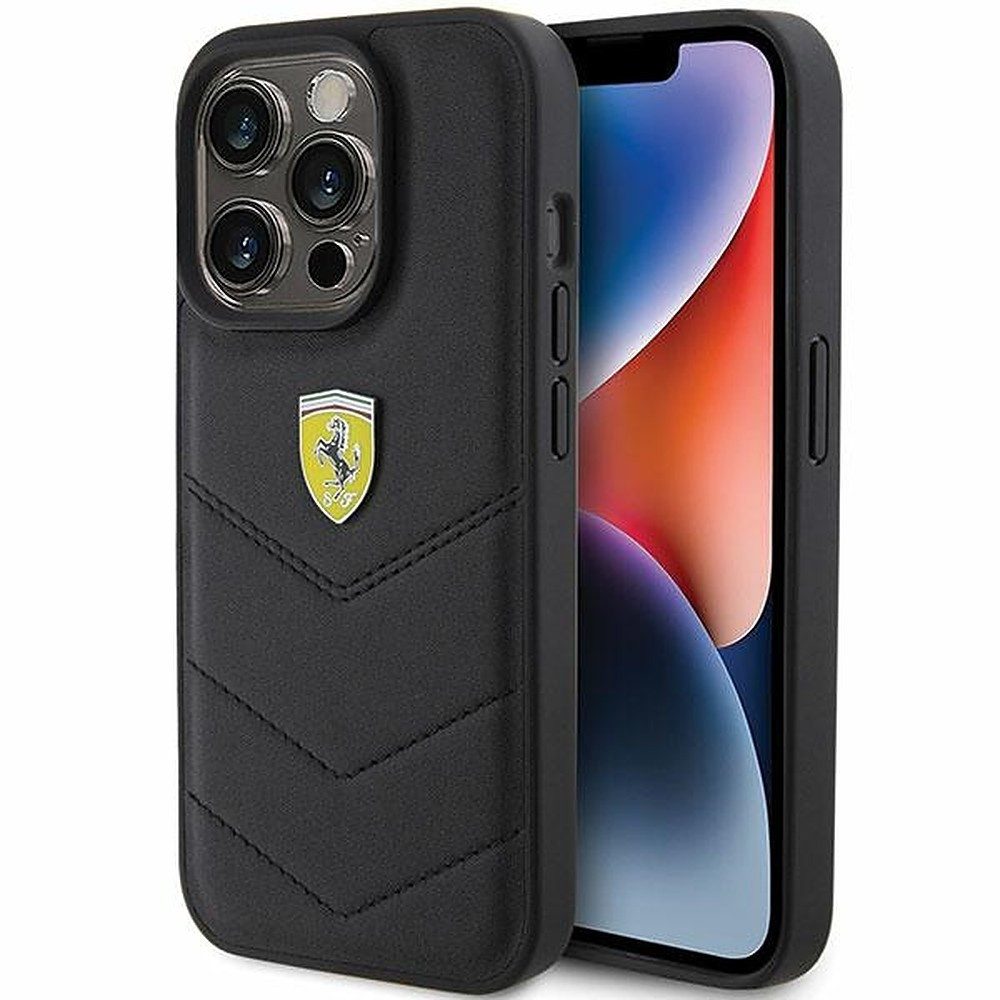 Ferrari Handyhülle Gesteppte Lederhülle, Öko-Leder, Steppnähte, Metalllogo, Kameraschutz