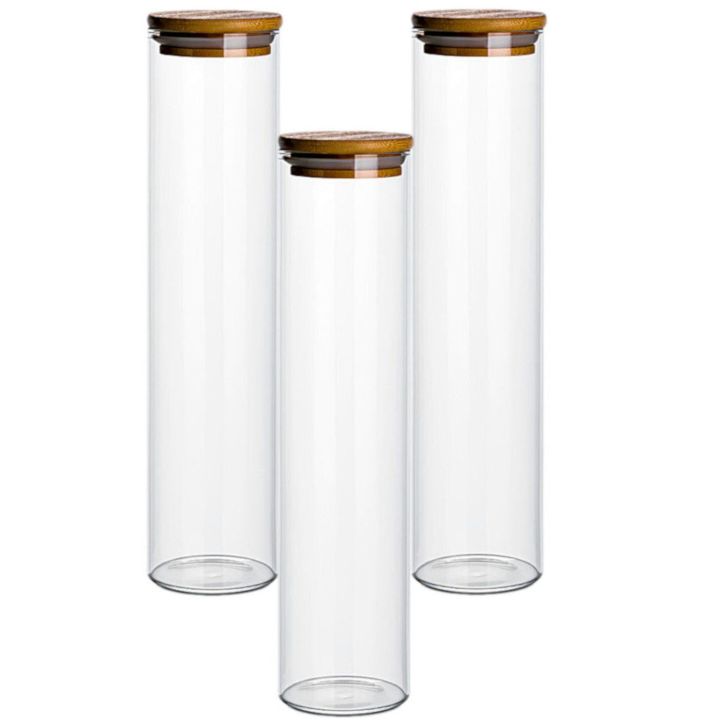 gouveo Vorratsglas aus Borosilikatglas rund mit Bambus-Deckel - Aufbewahrungsgläser, (3-tlg., 750 ml)