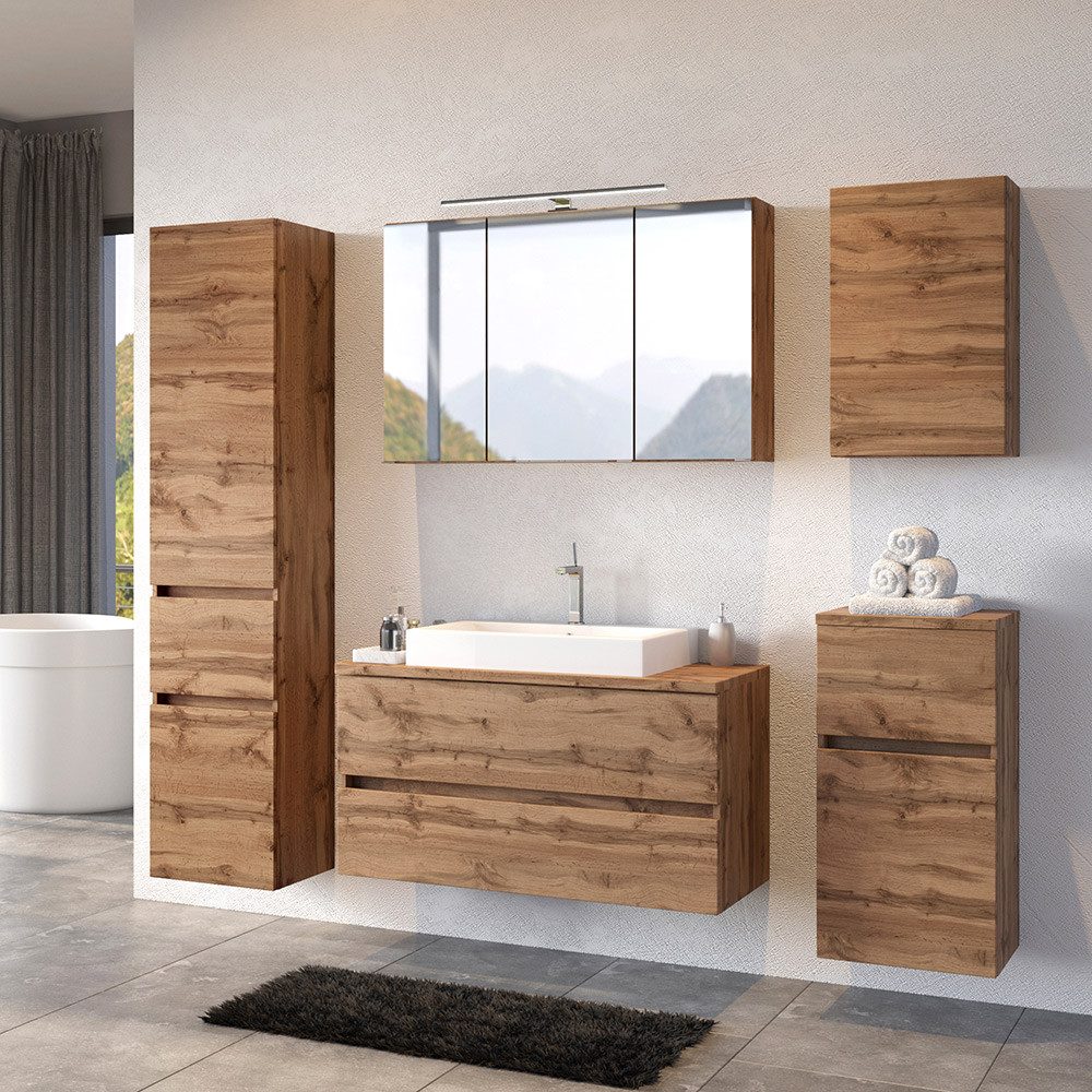 Produktbild von Lomadox Badezimmer Badmöbel Set, Hochglanz Weiß Mit Wotan Eiche Nb