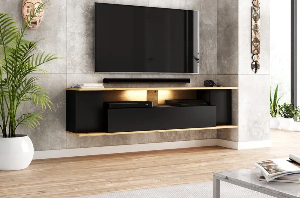 Fernsehschrank LED Schwarz Hängend ONE Lowboard DB-Möbel und 160CM Lowboard Eiche BLACK