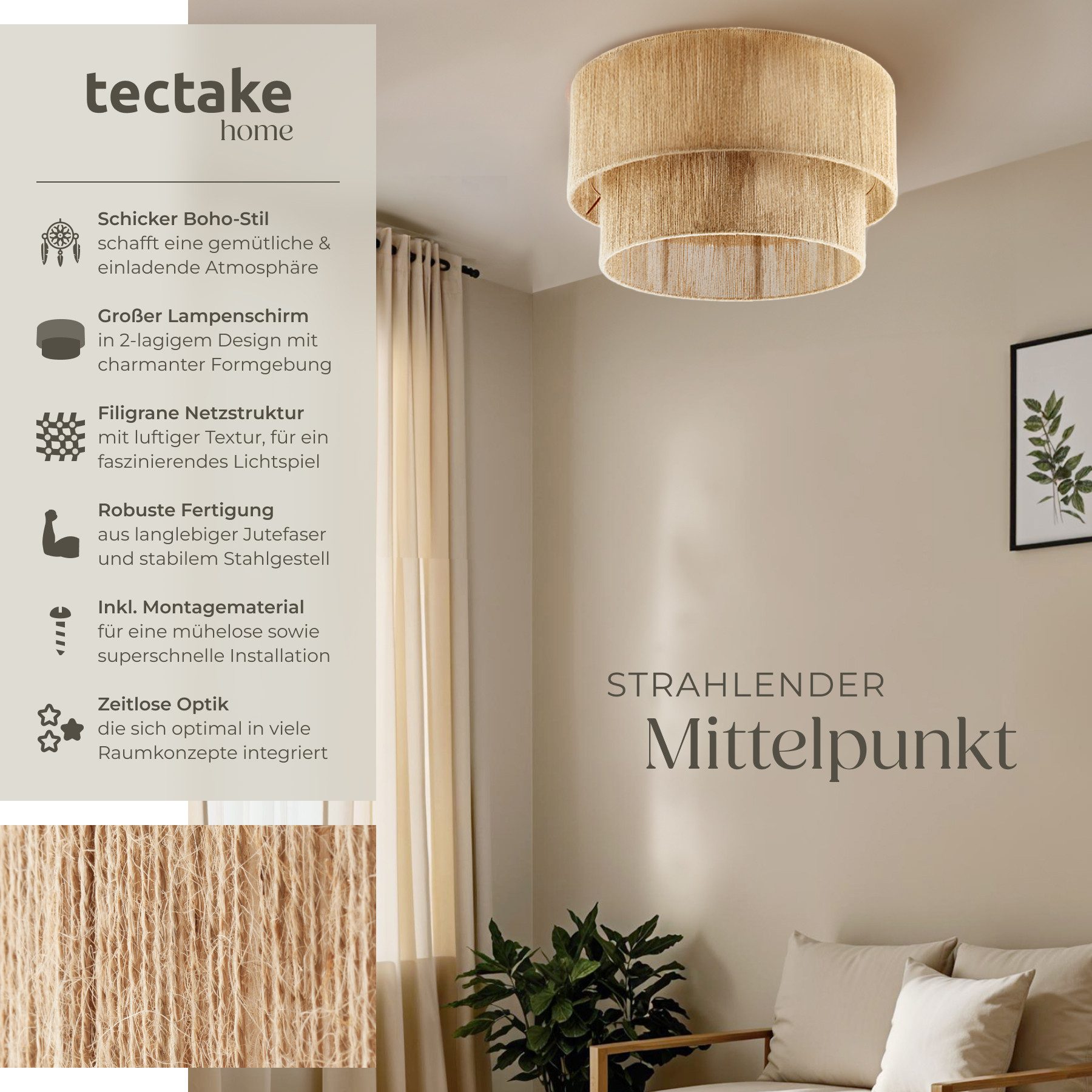 tectake Deckenleuchten Boho Jute-Lampe „Lignea Lux“ – Hängelampe aus Naturf günstig online kaufen