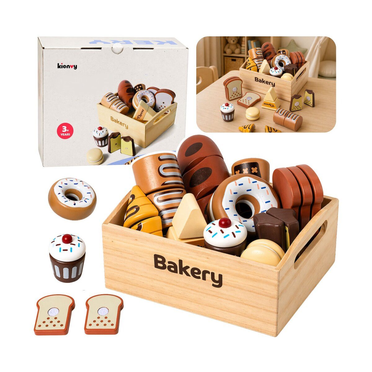 Wisam Lernspielzeug Mini-Bäckerei-Set aus Holz mit Klettverschluss, 10-teilig.