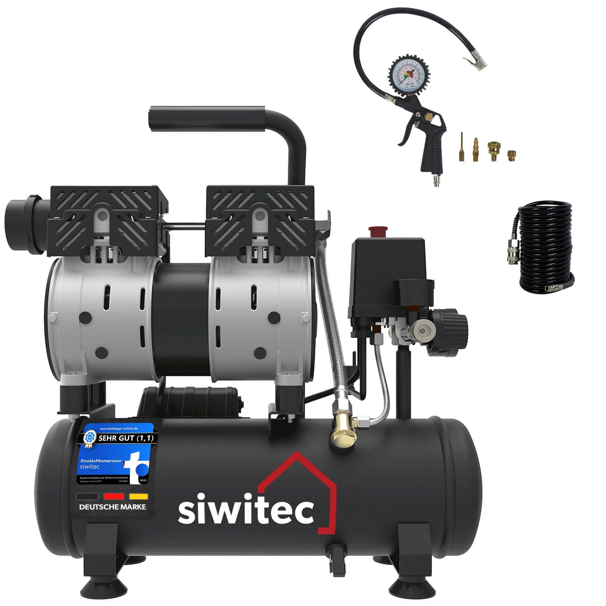 siwitec Kompressor Flüsterkompressor 550 W Set mit 5 m Druckluftschlauch, Druckluft-Reife, 550 W, max. 8,00 bar, 6,00 l