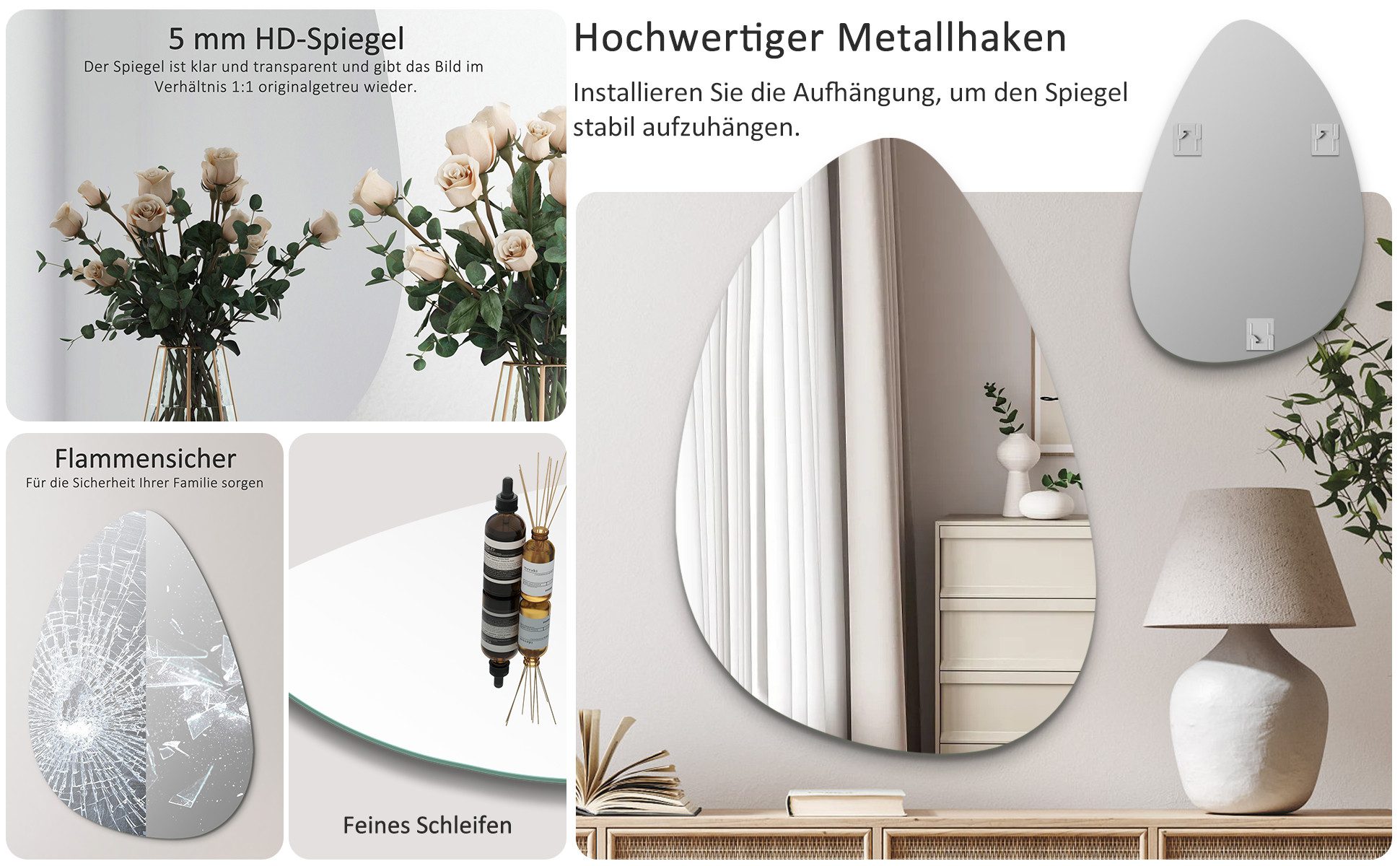 Hopibath Dekospiegel 45-90cm Deko Spiegel Wand Modern Schminkspiegel Kosmetikspiegel (Wandspiegel Asymmetrisch Rahmenlos, Mehr Größen), Wassertropfen, Wolke, St – Bild 4 von 5