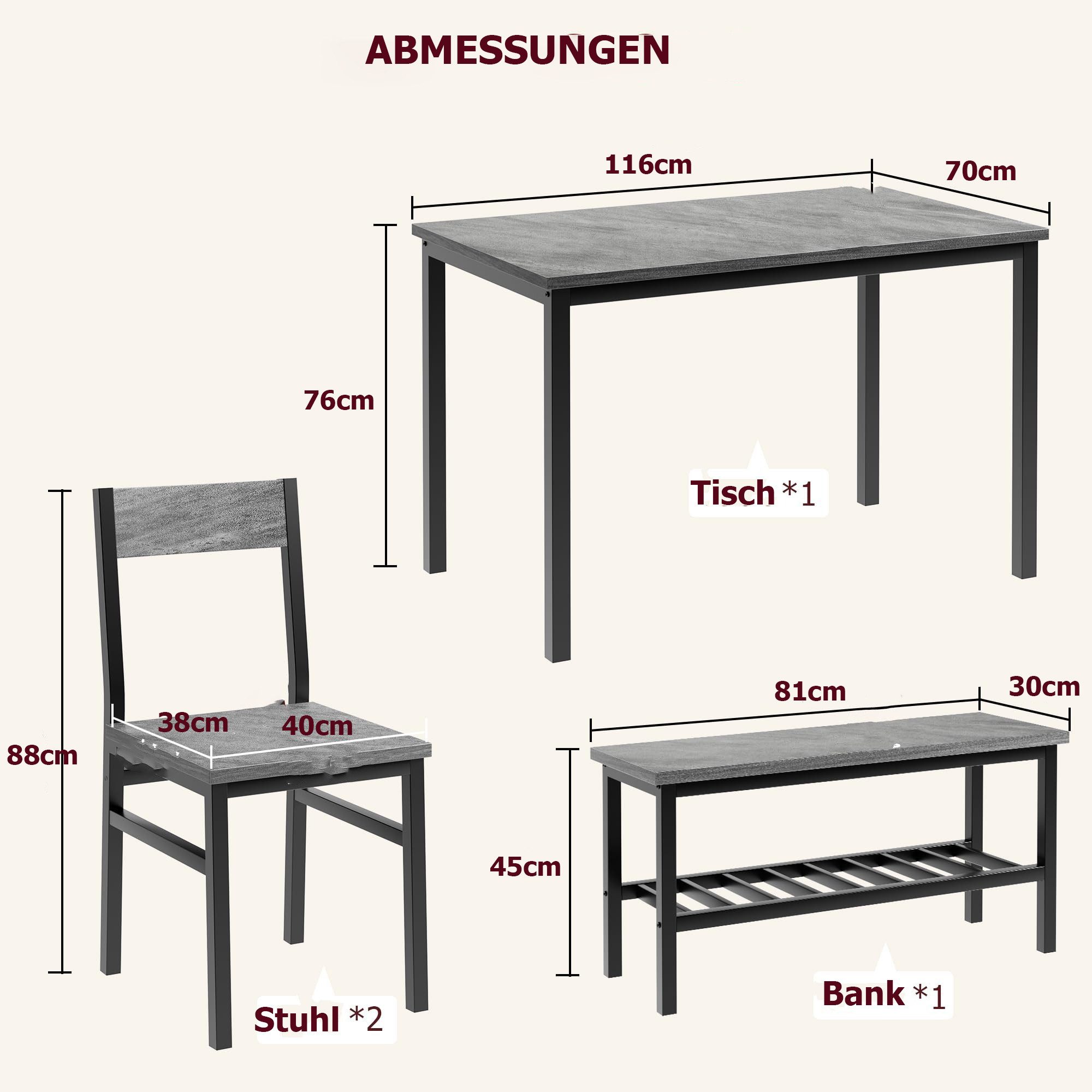 GarveeMore Essgruppe Esstisch-Set für 4, Esstisch mit 2 Stühlen und 1 Bank Platzsparend