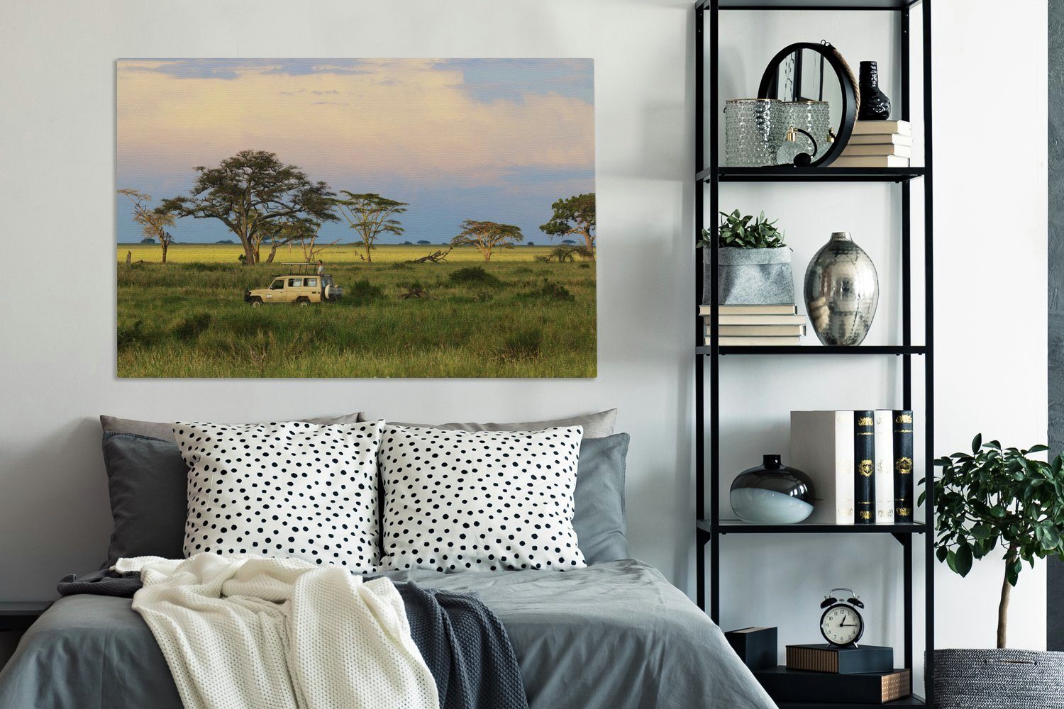 in Leinwandbild (1 großes, St), Serengeti-Nationalpark cm Afrika, Gemälde, Safari-Auto für OneMillionCanvasses® Wandbild 120x80 alle XXL, durch Wohnbereiche, den im Fahrt