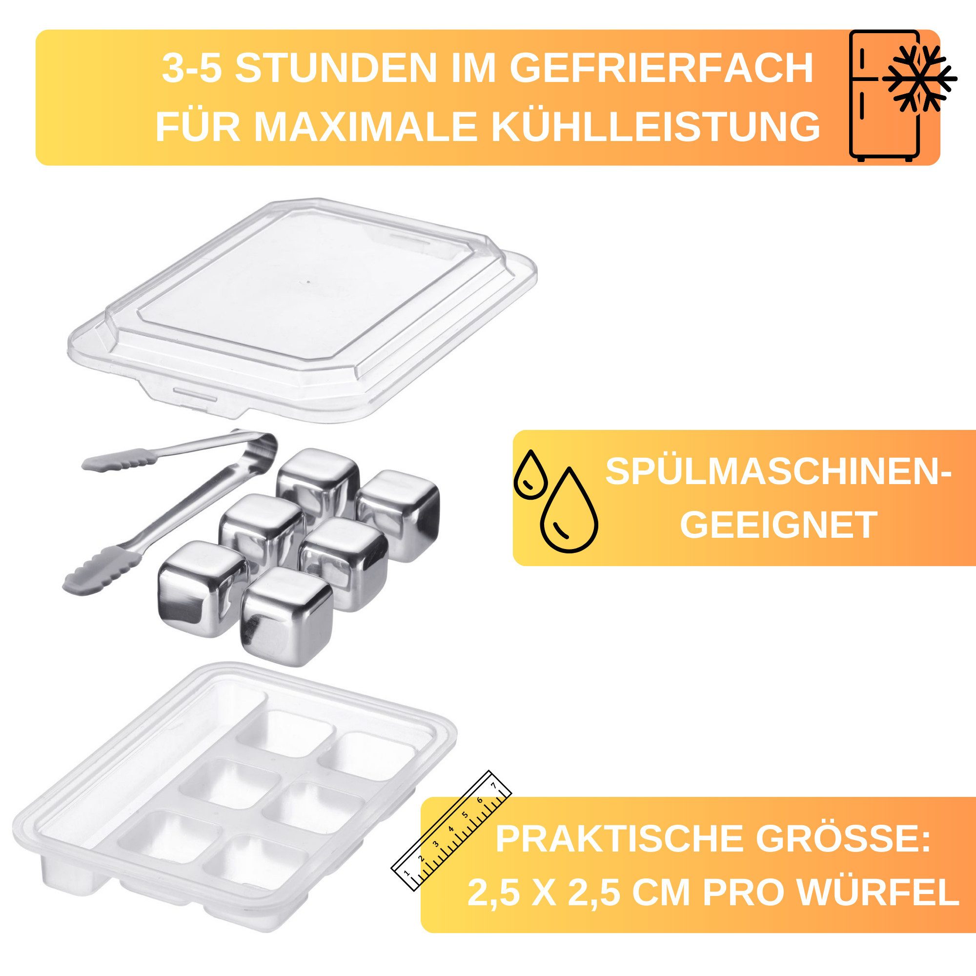 Thiru Eiswürfel-Steine BPA-frei aus lebensmittelechtem Edelstahl, 7-tlg. Set inklusive Zange, 7-tlg. Set inklusive Zange, BPA-frei, lebensmittelechtes Edelstahl