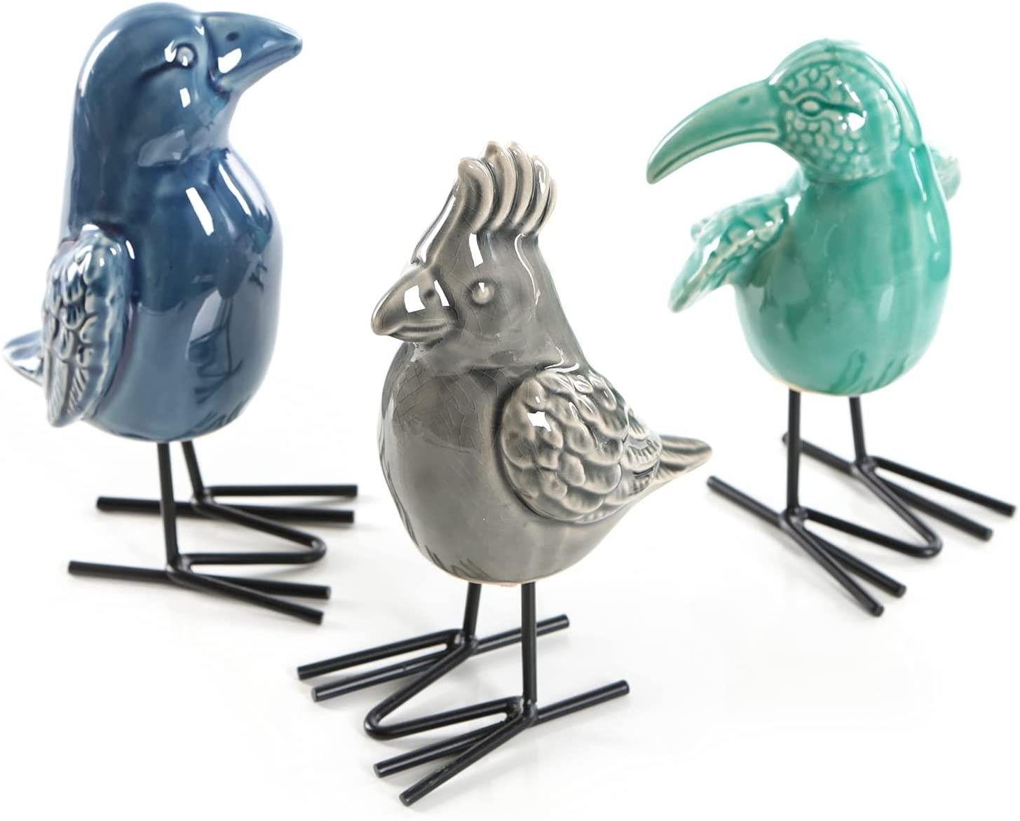 Dekofigur Vogelfiguren 3 (3 Logbuch-Verlag Keramik exotische blau türkis St) grau