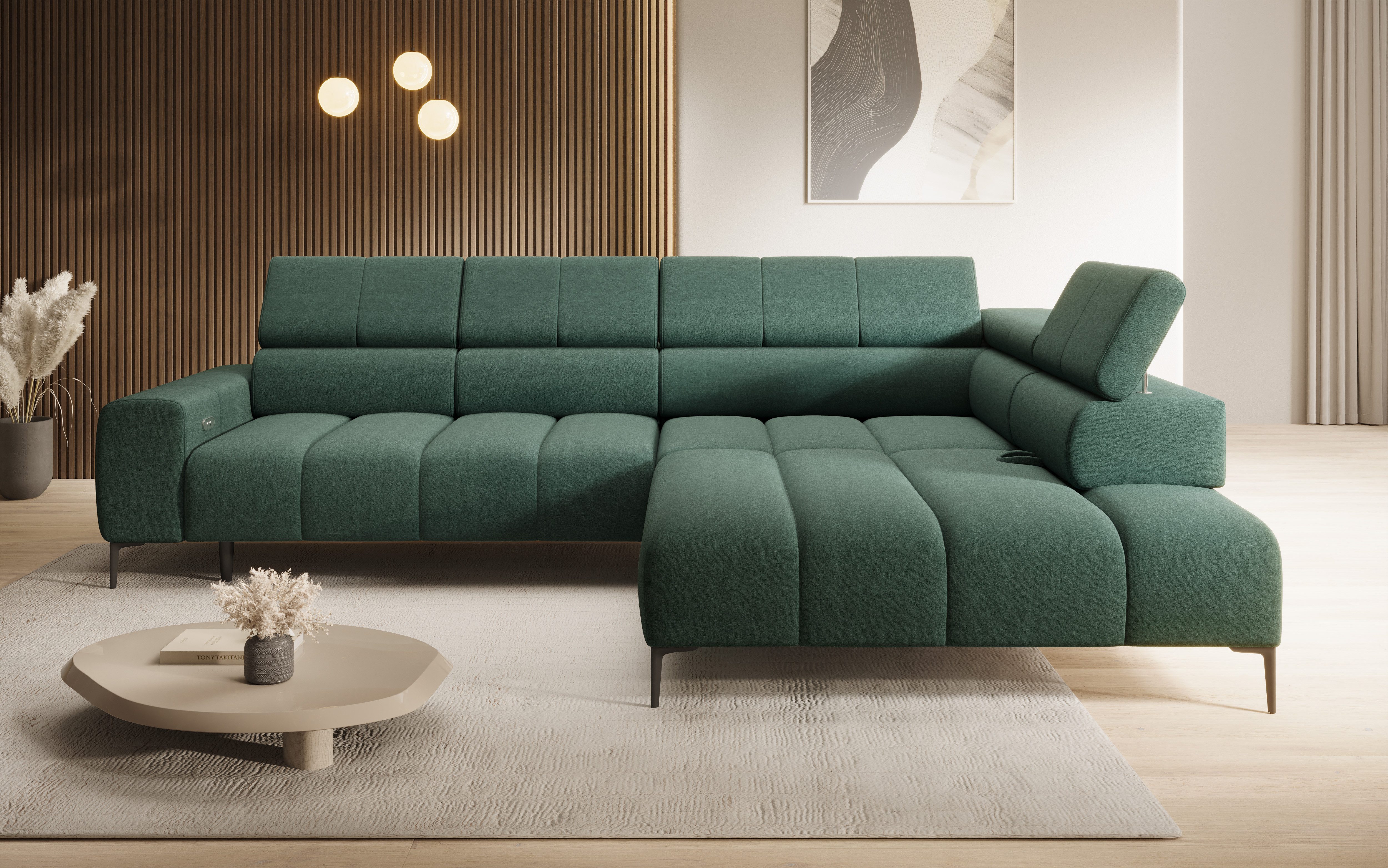 thematys Ecksofa MELLOW elektrisch 302 x 218 cm – mit elektrischem Sitzauszug, L-Sofa mit 4 verstellbaren Kopfstützen, Elektrischem Sitzauszug, Verstellbarer Rückenlehne, Velours (Element) - L-Form, Wohnlandschaft, 302 cm breit