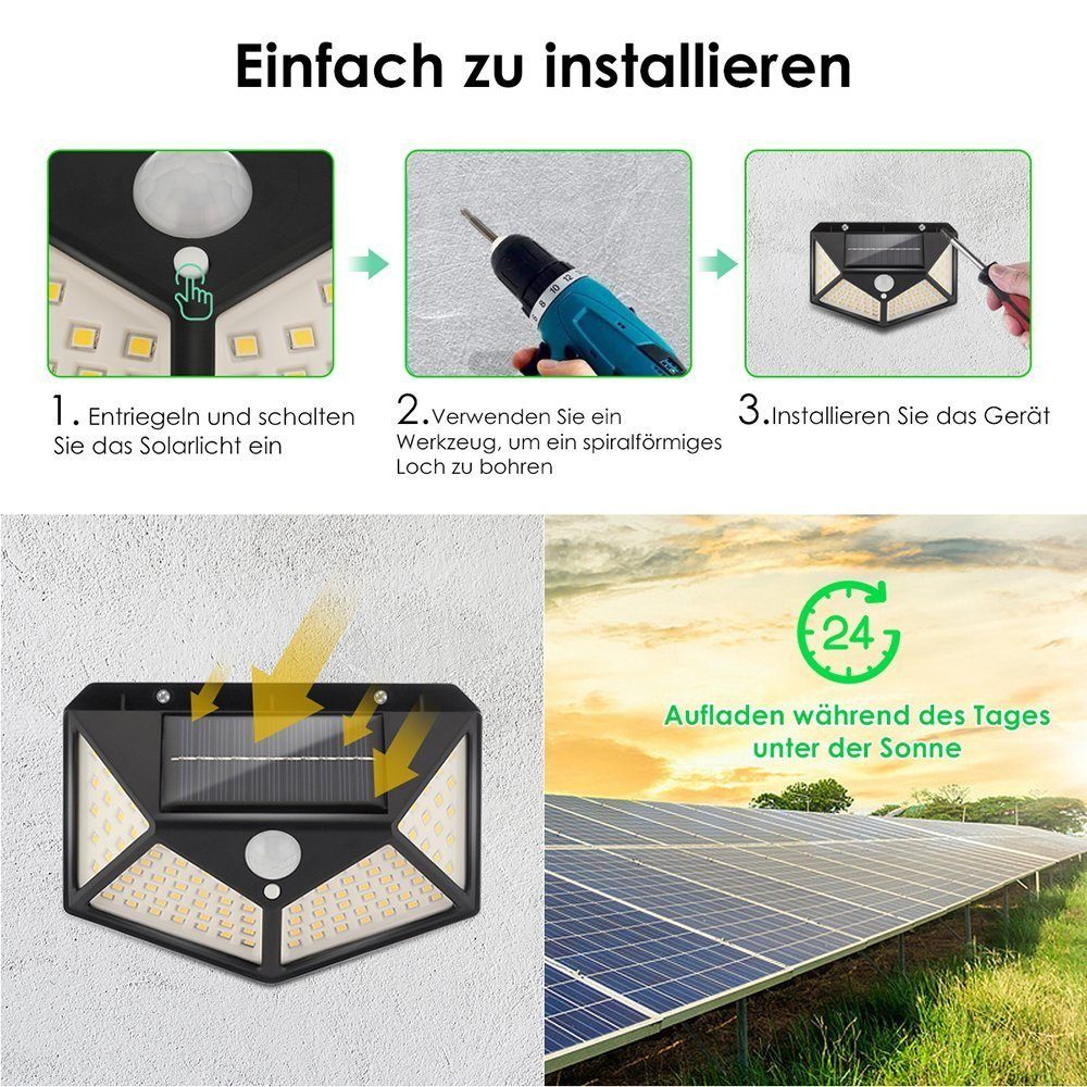 2er Solarleuchte 3 270° fest Wasserdichte, LED Superhelle Außen, 100LEDs LETGOSPT mit Solarlampen Bewegungsmelder, LED Beleuchtung- integriert, Solarlampen IP65, 2200mAh, Vierseitige Modi für Solarleuchte ‎Warmweiß