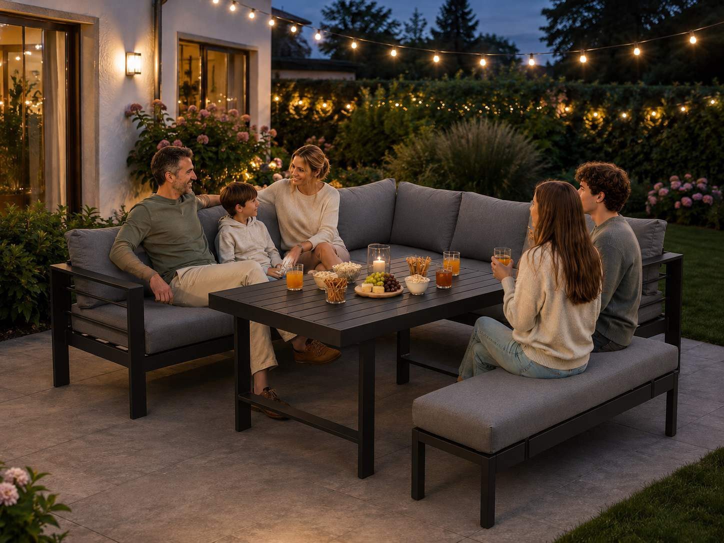MeXo Gartenlounge-Set XXL Gartenmöbel Set Aluminium für 6-8 Personen, (Dining Loungeset Outdoor, 5-tlg., mit 12 cm dicken Sitzkissen, pflegeleichte Polywood-Tis – Bild 4 von 5